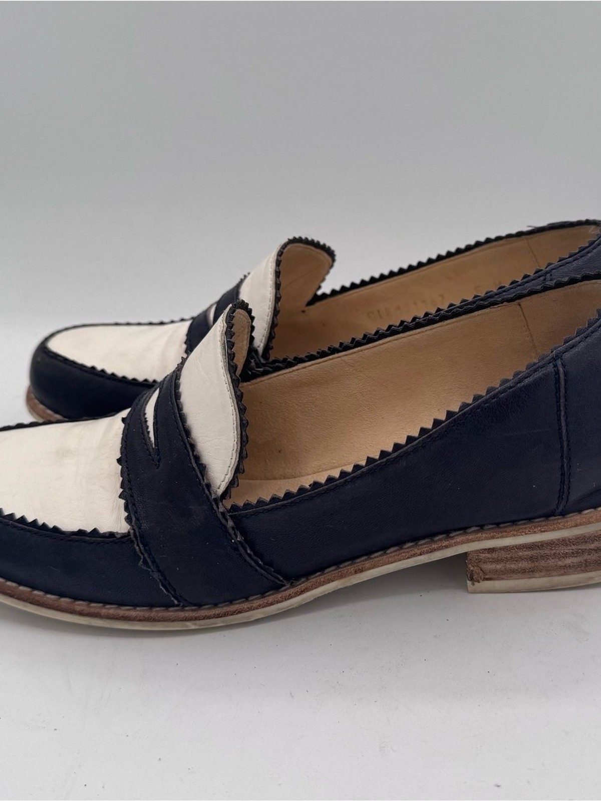 Stuart Weitzman Navy and White Two-Tone Penny Loafers