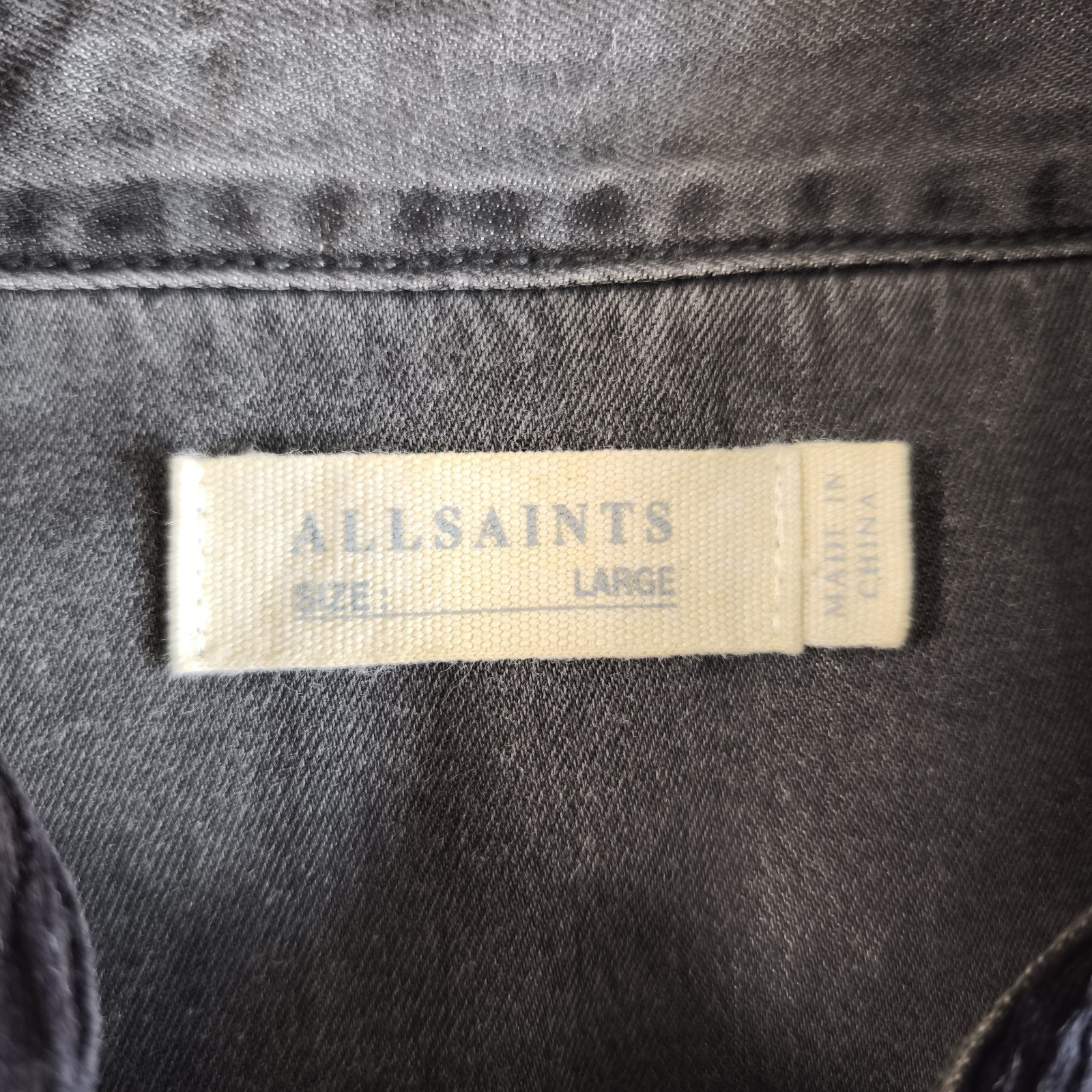 AllSaints Denim Shirt Mens Large Genki Black Grey Pearl Snap Distressed Western