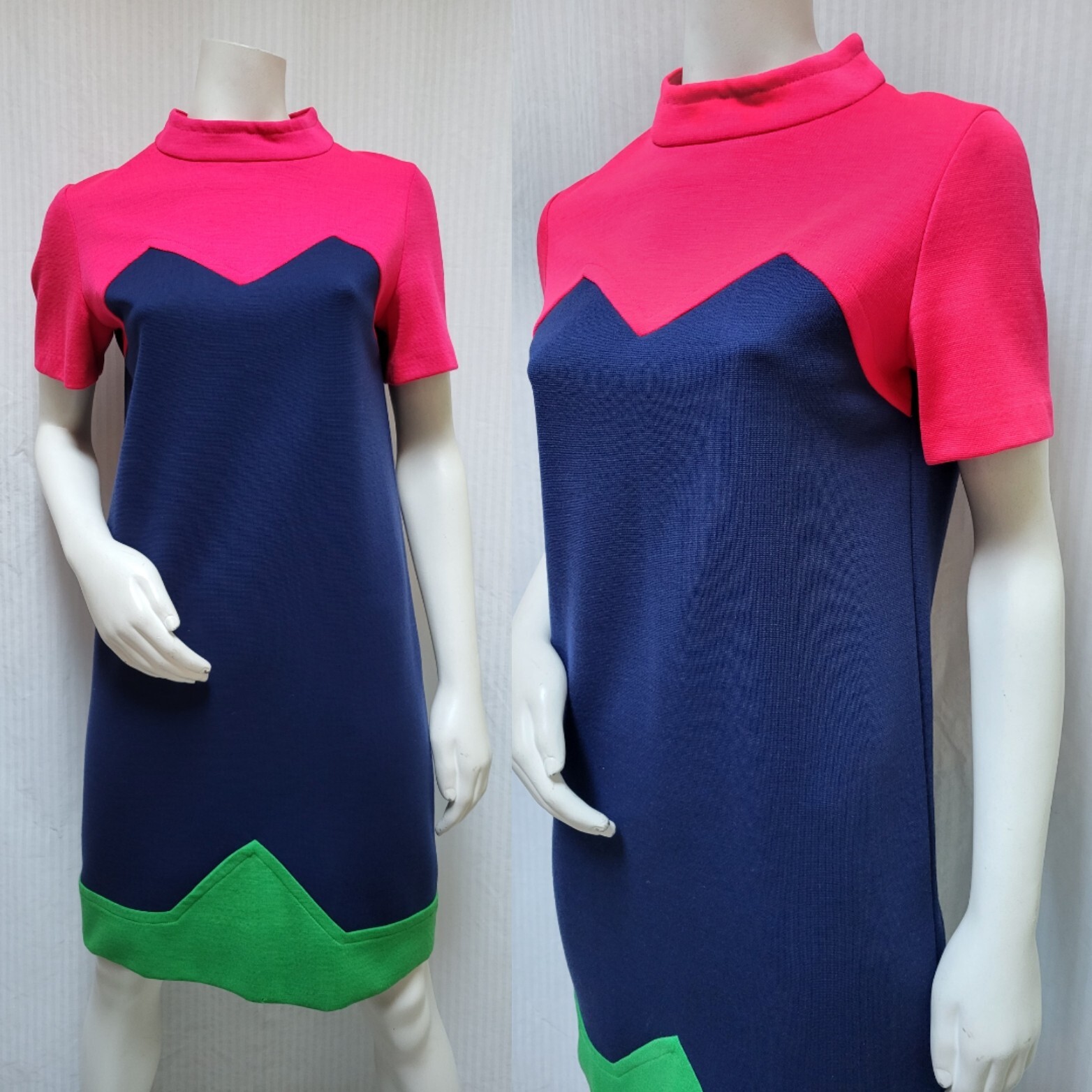 Vintage 1960’s Blue Pink Green Mod Double Knit Dress – Size M