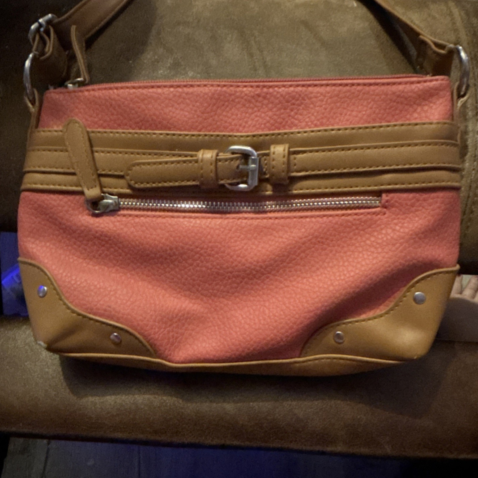 Women’s Pink Brown Faux Leather Shoulder Bag with Buckle Accent & Zipper Detail