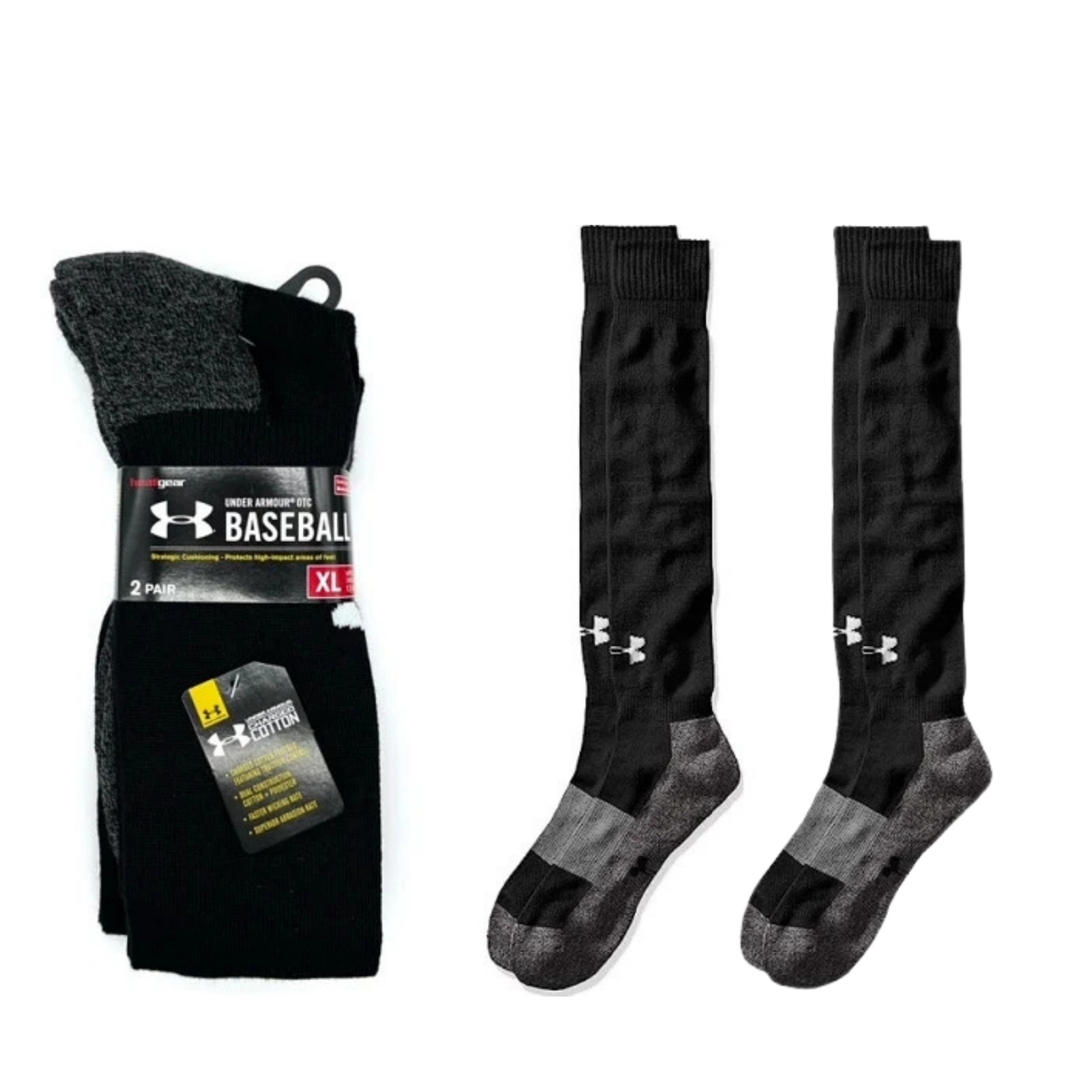 Under Armour 2 Pair Over The Calf Black Baseball Socks Size XL 13-16