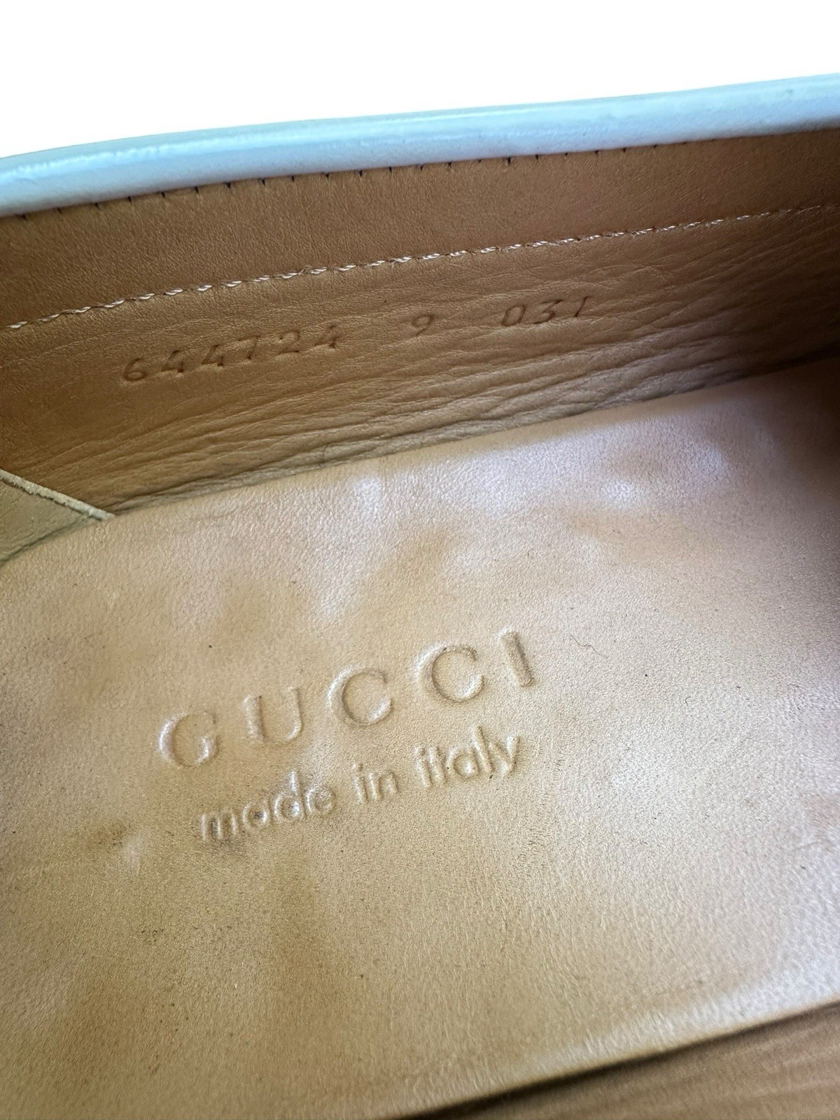 Men Genuine GUCCI Kaveh Webbing White Leather Loafers Shoes GG logo 9.5 US