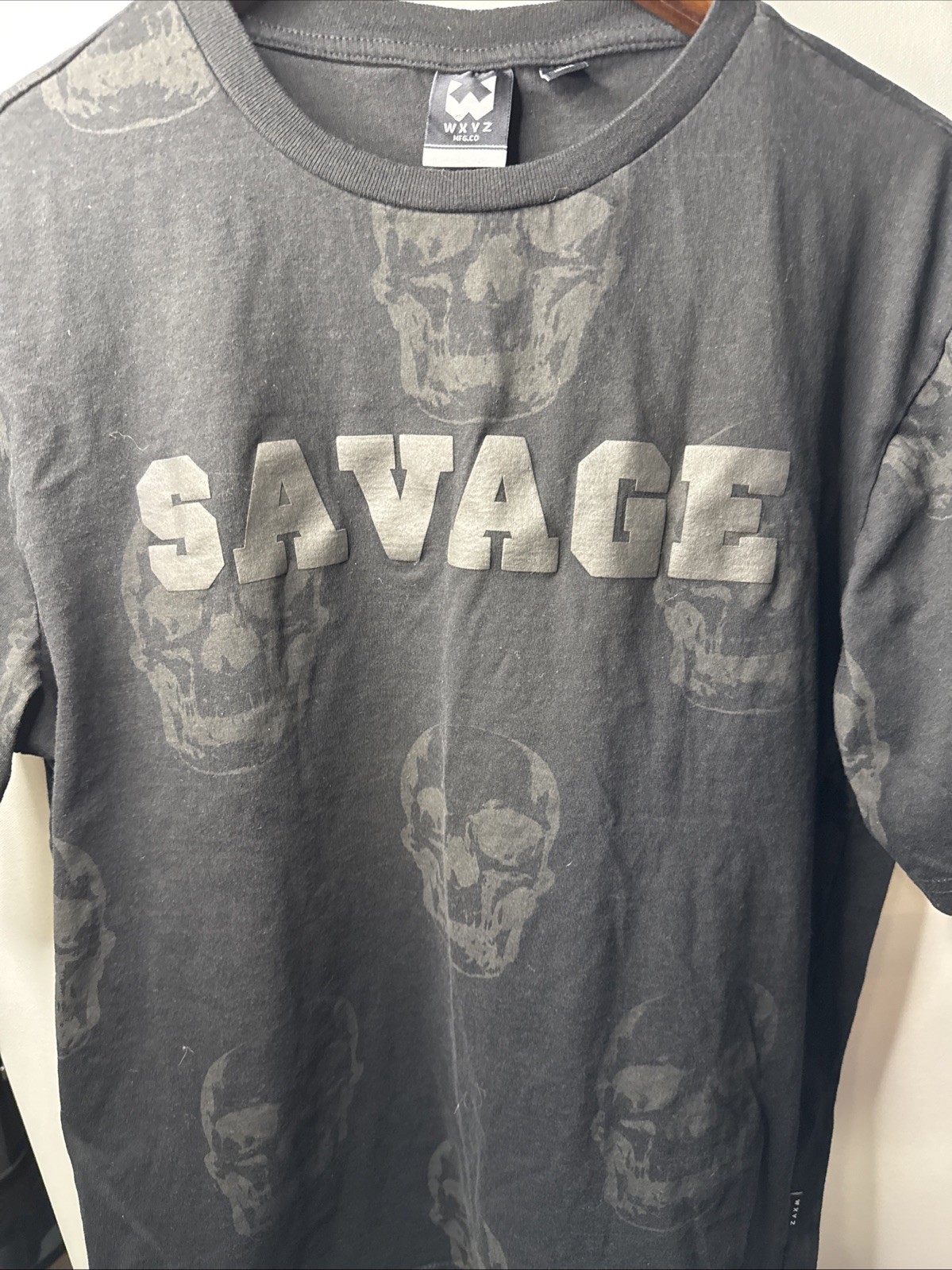 WXYZ Savage Skull Graphic Tee Men’s XL Black Allover Print Goth Puffy Letters