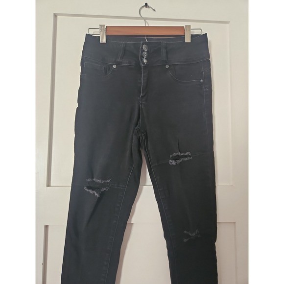Blue Savvy High Waist Black Skinny Jeans 7/28 Distressed Butt Lift Seams