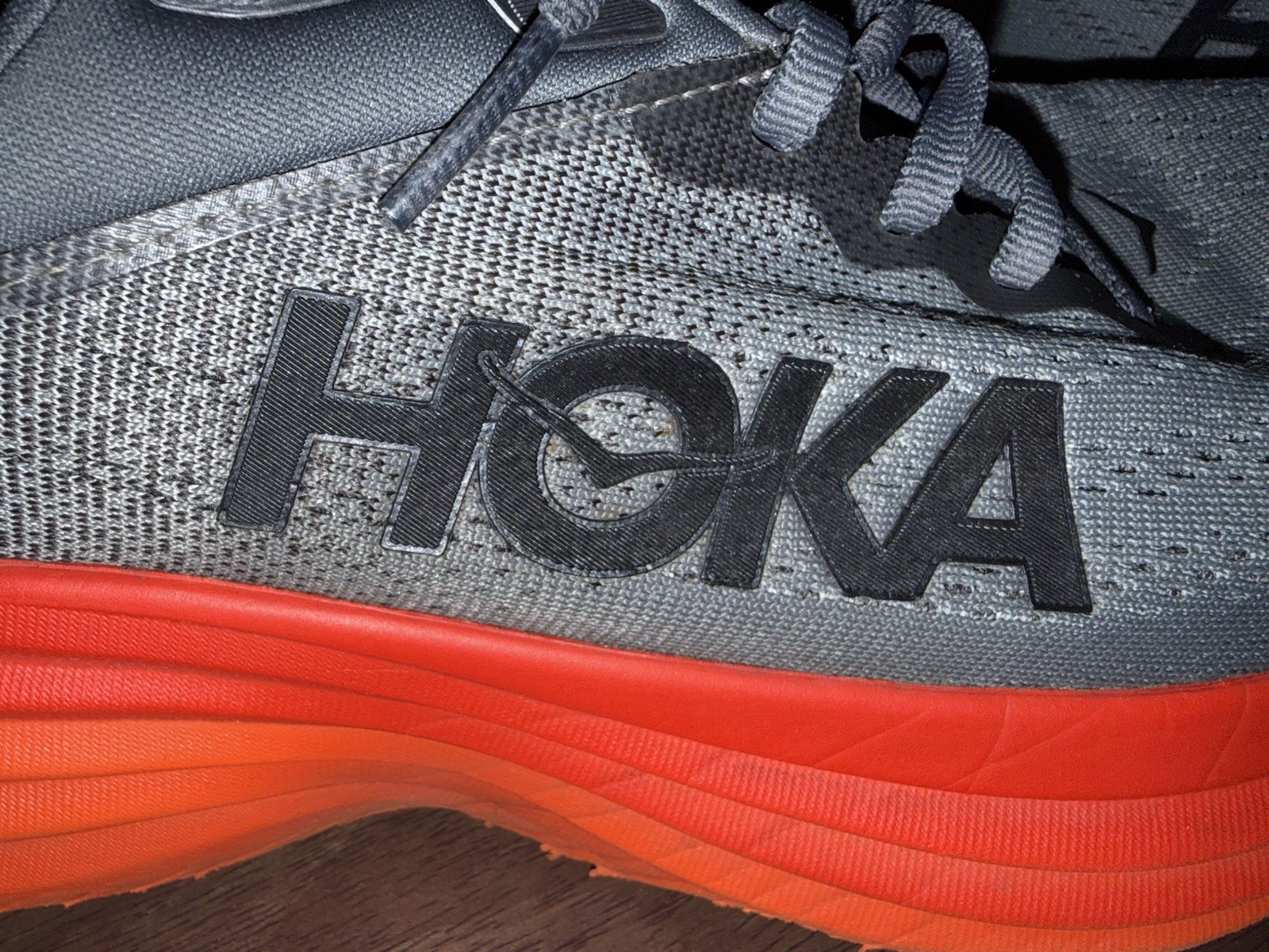 Hoka One One Bondi 8 Mens 9.5D Grey Orange Trail Road Running Shoes Sneakers