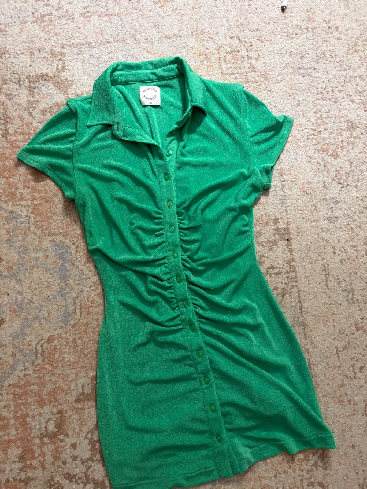 With Jean Alexa Mini Dress Juicy Emerald Green Ruched Button Front Size S