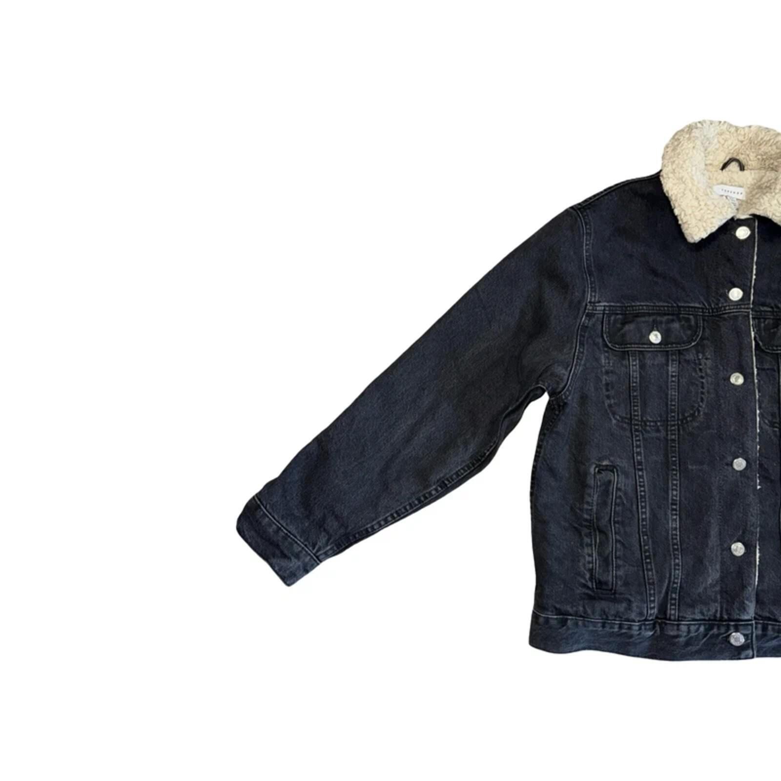 Topshop Black Sherpa Denim Jacket Size 8 Faux Fur Lined Borg Trucker Coat