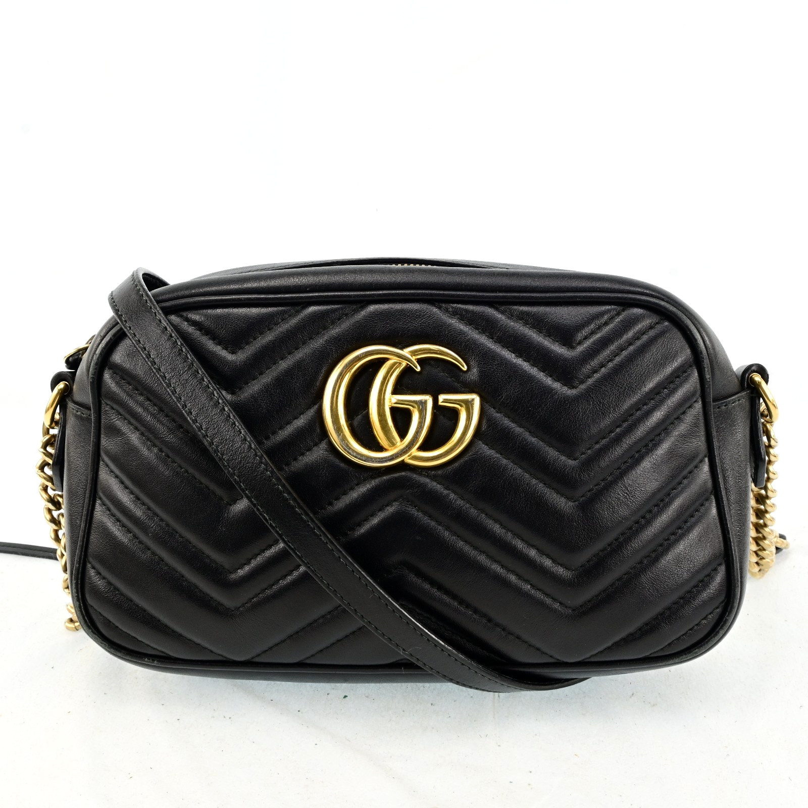 Auth GUCCI GG Marmont Chain Shoulder Cross Bag Leather 447632 Black F1594SG708