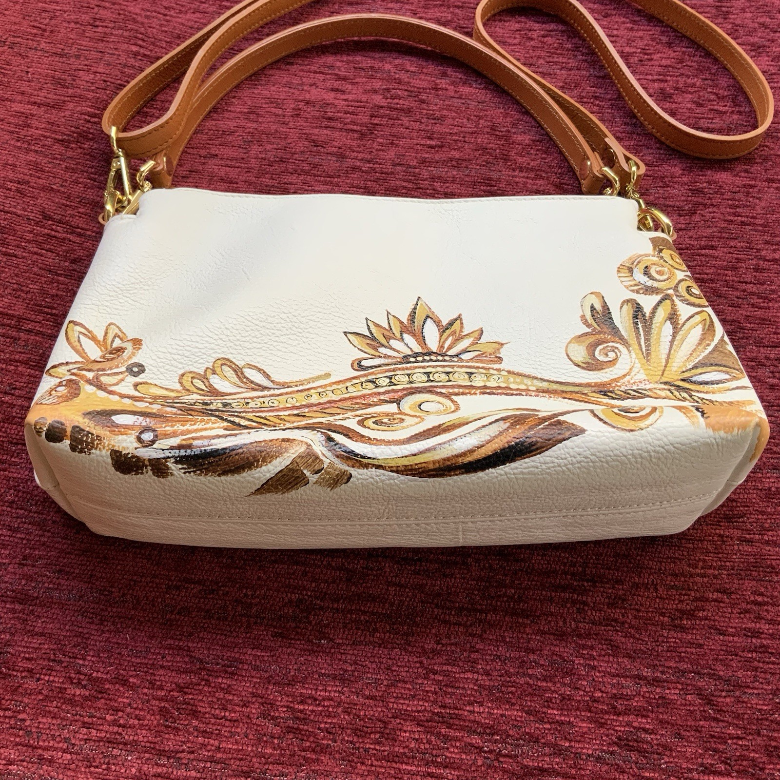 New Valentina Hand Painted Leather Crossbody Bag Floral Ivory Brown Italy
