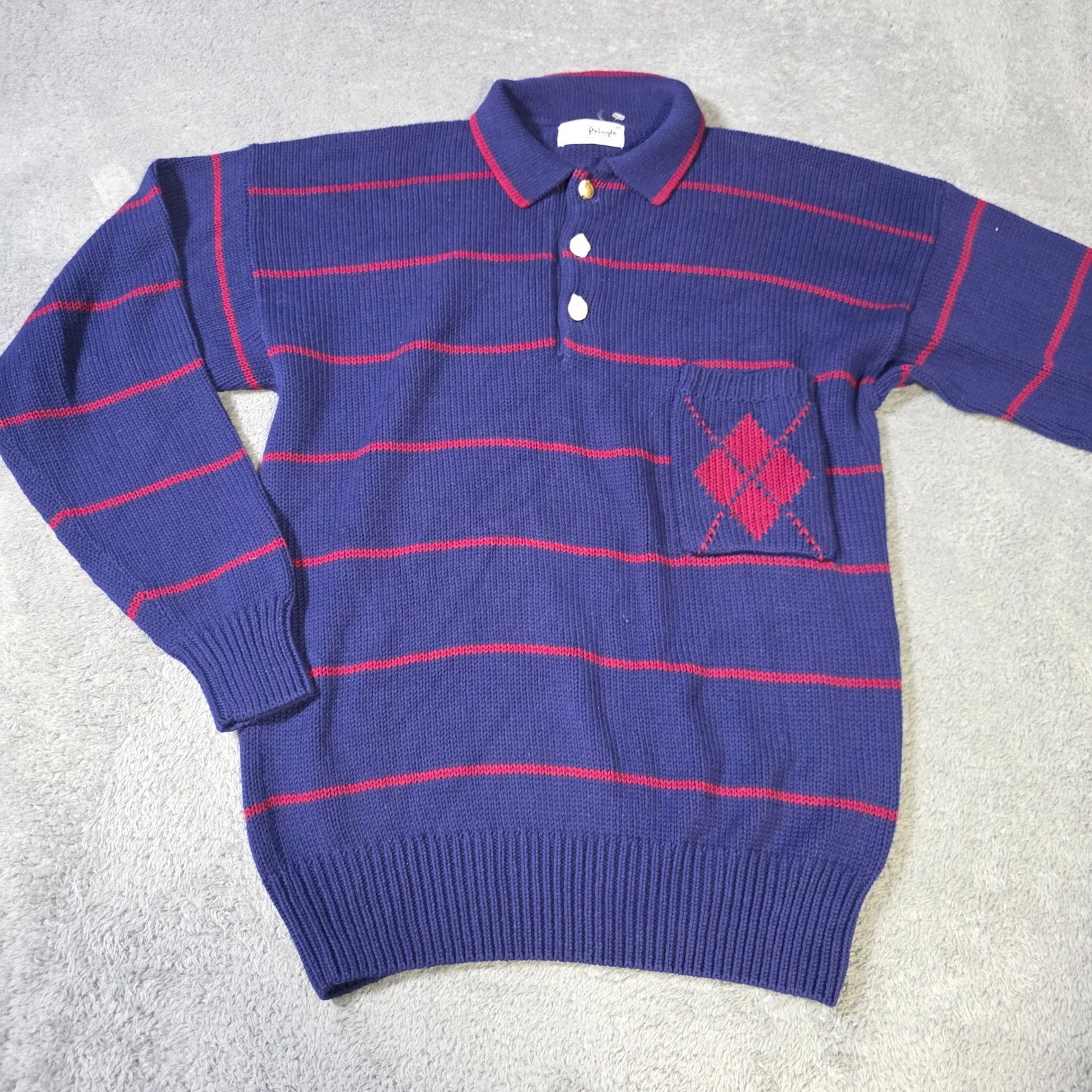 Pringle of Scotland Mens Medium Polo Sweater Purple Red Striped Argyle Pocket