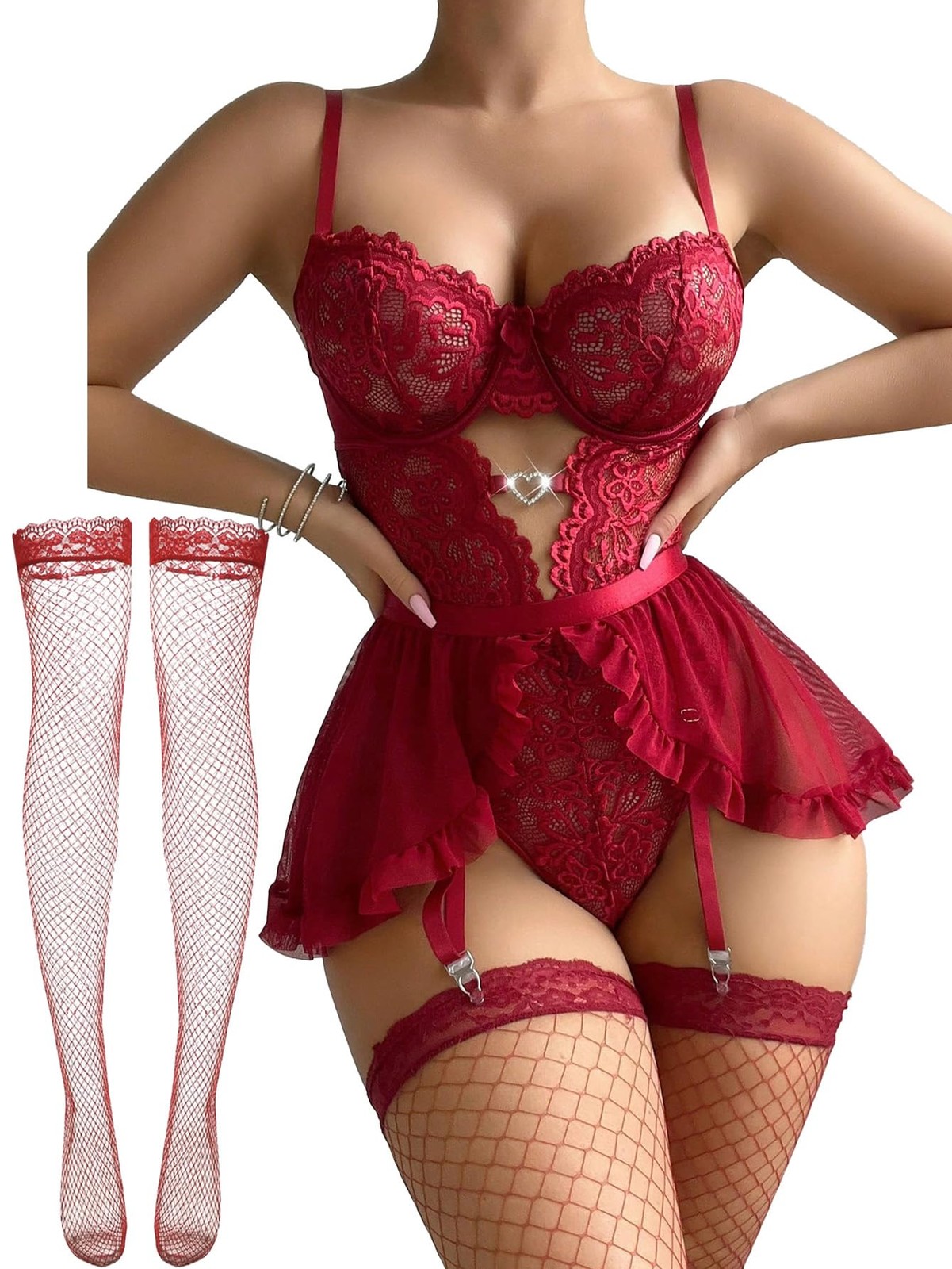 Babydoll Lingerie for Women Lace Up Mesh Chemise Nightgown with Garter Belt B…