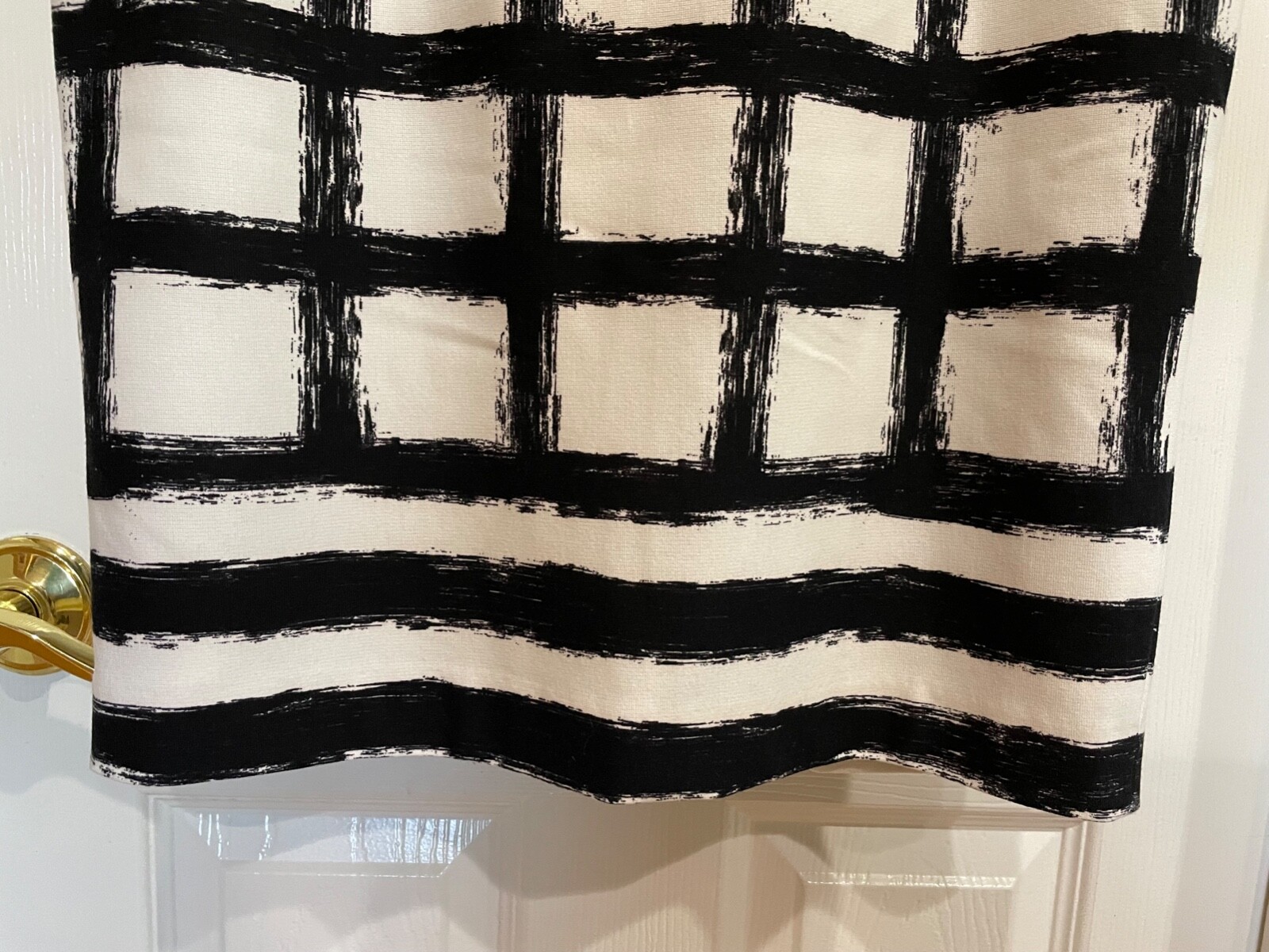 ELIZA J Dress-White Polyester Knit Sheath, 3/4 Sleeve, Black Grid, Lined, Size 8