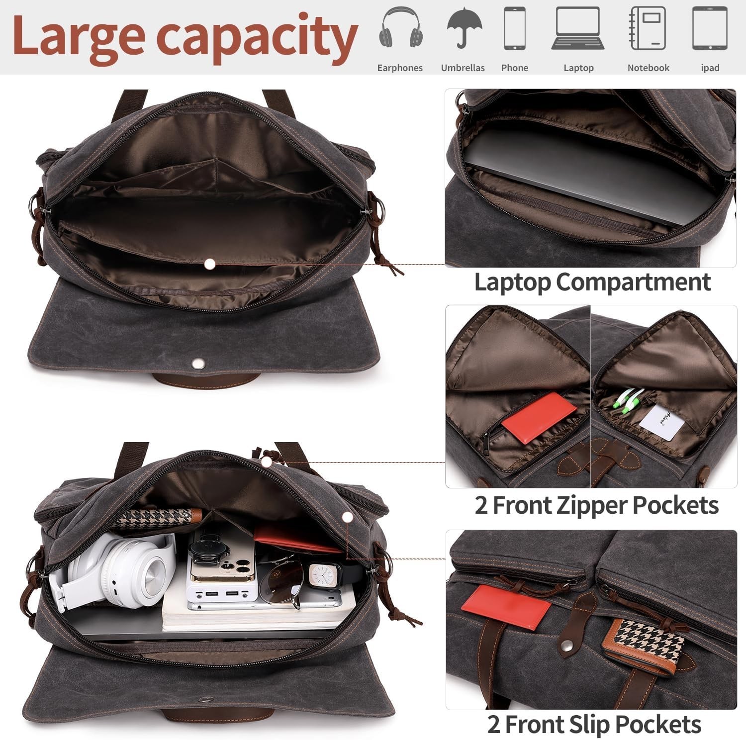 Laptop Bag for Men 15.6 Inch Messenger Bag Water-resistant Waxed Canvas BlackGra