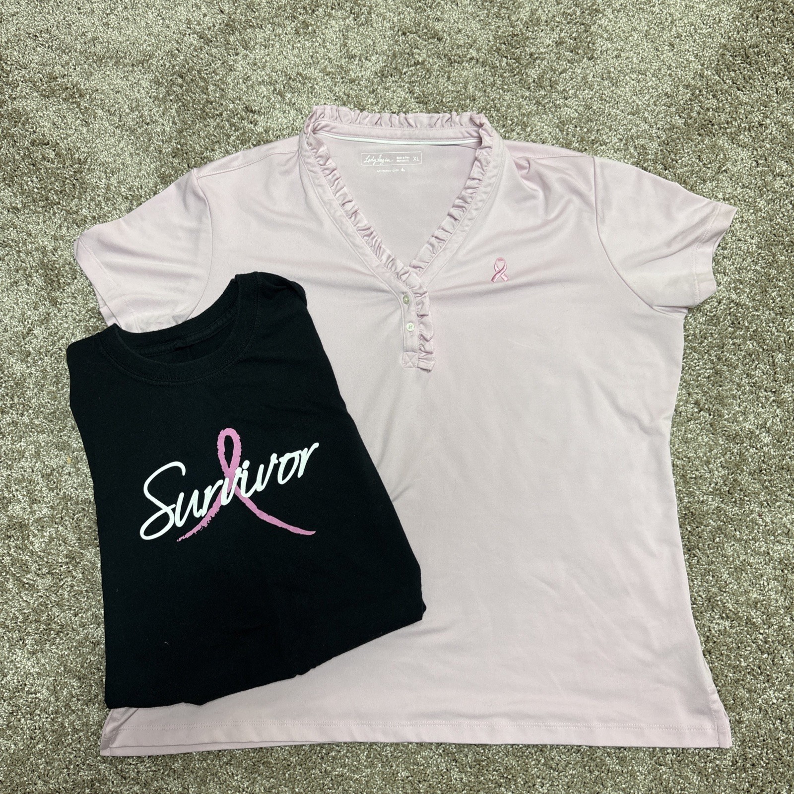 Breast Cancer Pink Ribbon Ruffle Neck Shirt & Black Survivor Tshirt Pinktober XL