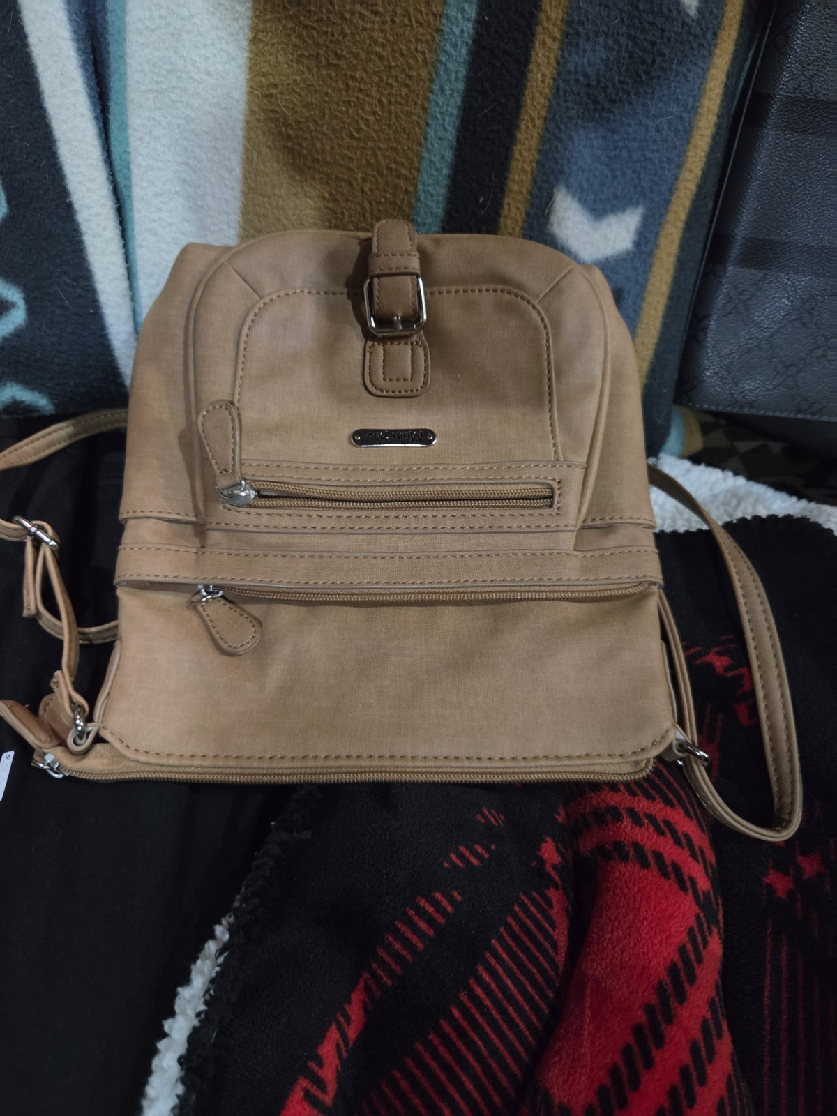 Tan Medium Crossbody Bag Adjustable Strap Pockets Silver Hardware Zip Buckle