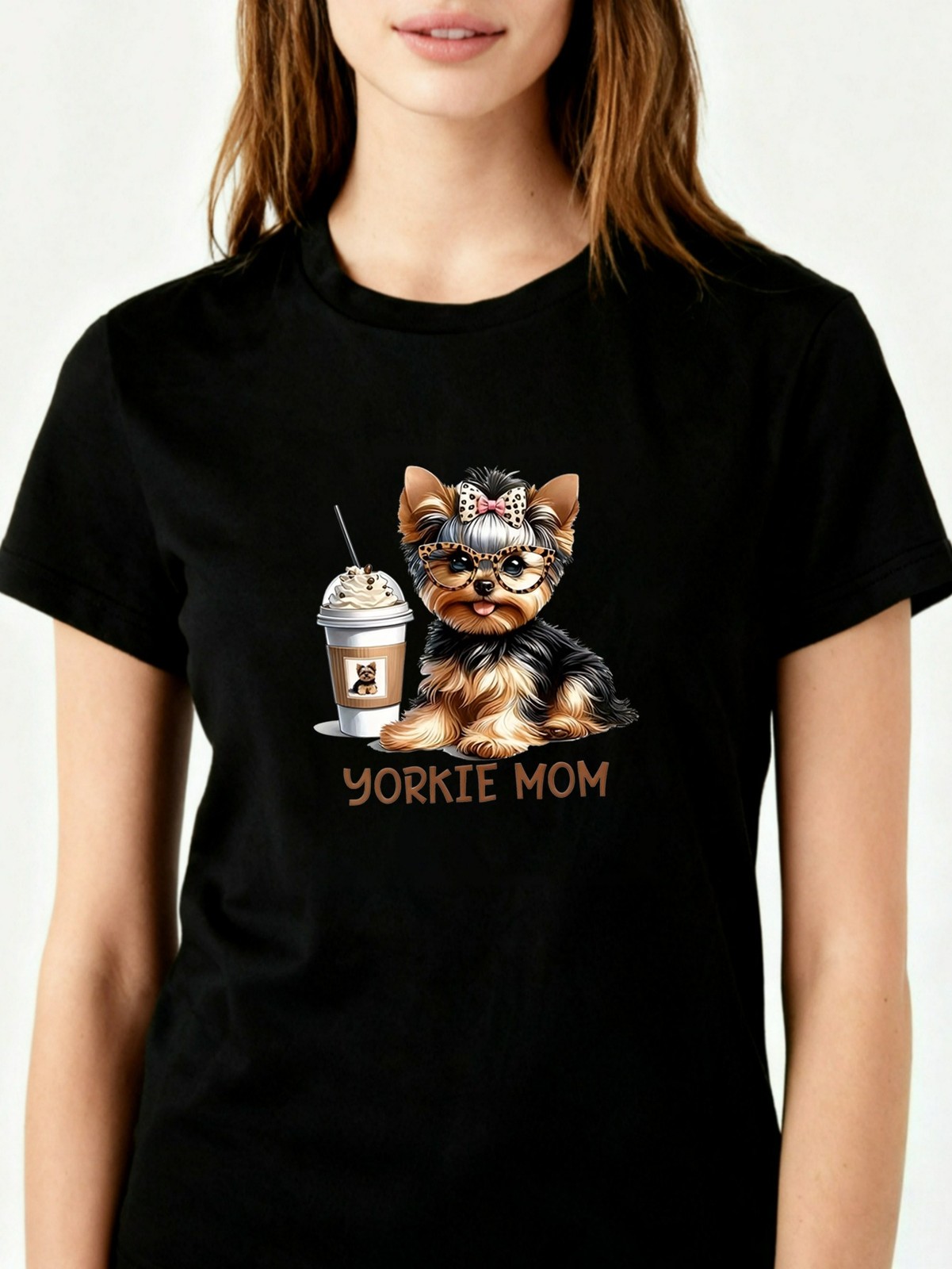 Yorkie Mom Graphic Tee Cute Yorkshire Terrier Women’s Soft Polyester T-Shirt