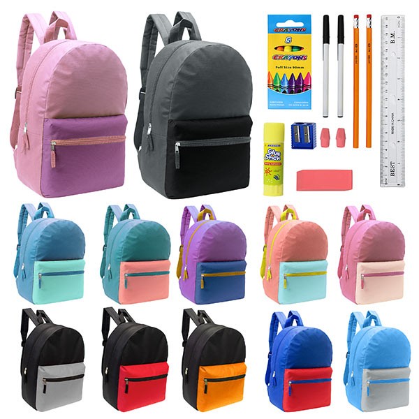 12-Pack 17″ Bulk Backpacks with 16 Piece School Supply Kit in 12 Assorted Colors