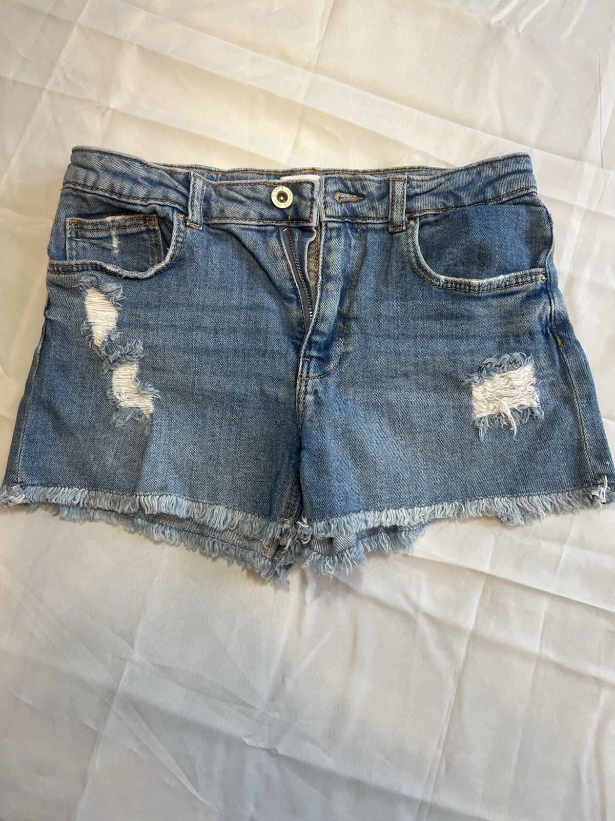 Zara Women’s Blue Distressed Denim Cut Off Shorts 13-14 CM 164 Mid Rise