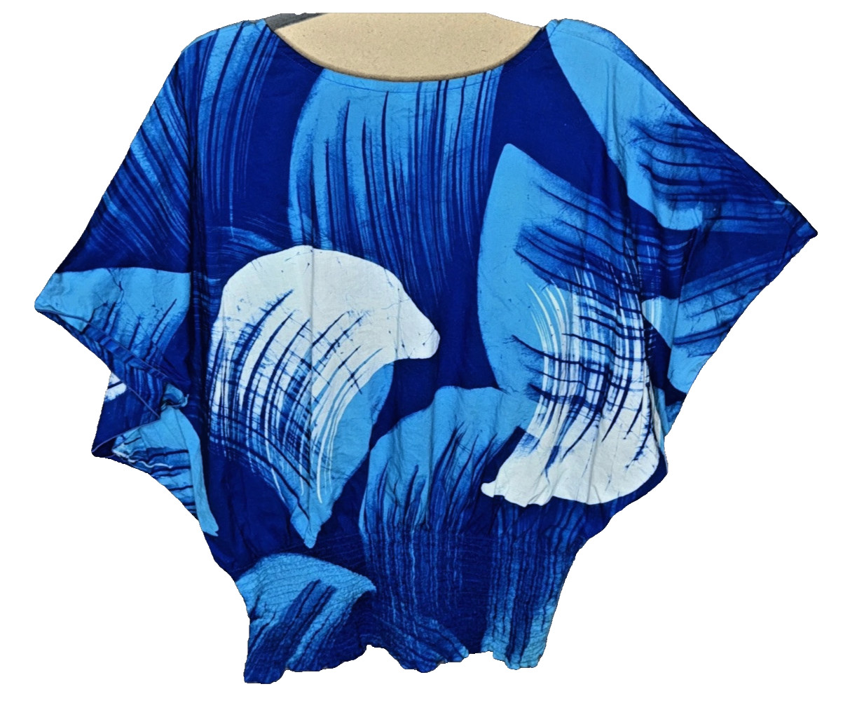 Caribelle Batik Blouse Women L Blue Batwing Dolman Sleeve Tropical Pullover Top