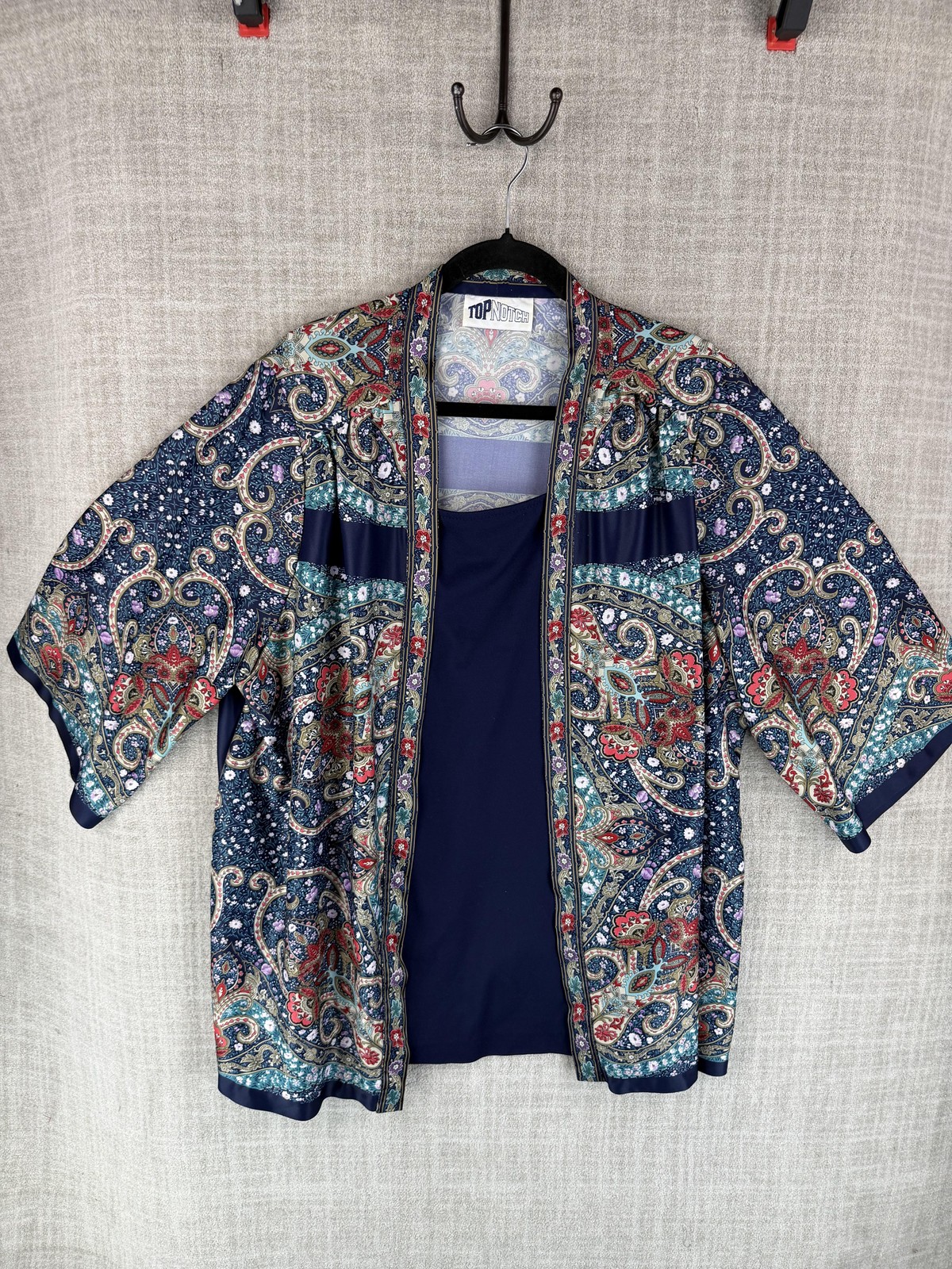 Top Notch Blouse Womens L Blue Kimono 3/4 Sleeve Scoop Neck Paisley Lightweight