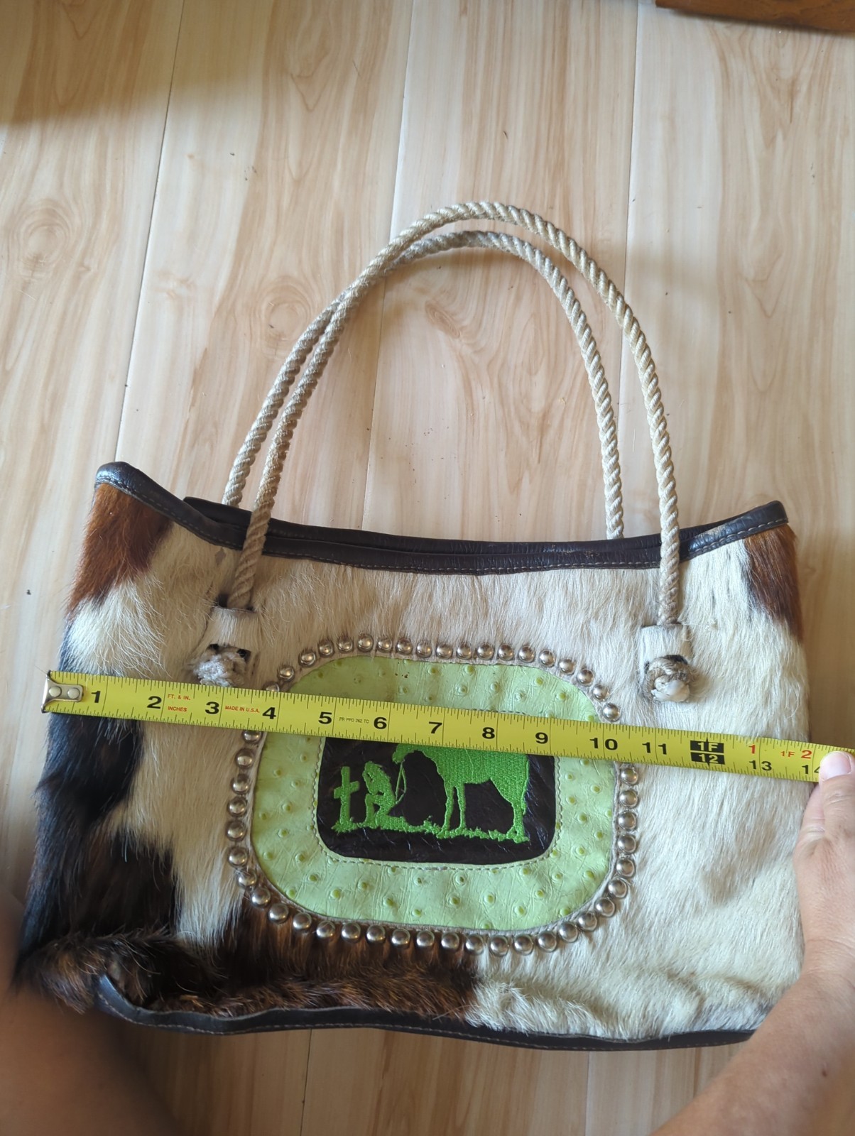 Vtg Cowhide Brown and White Leather Bag Rope Handle Western Very Unique Handmade