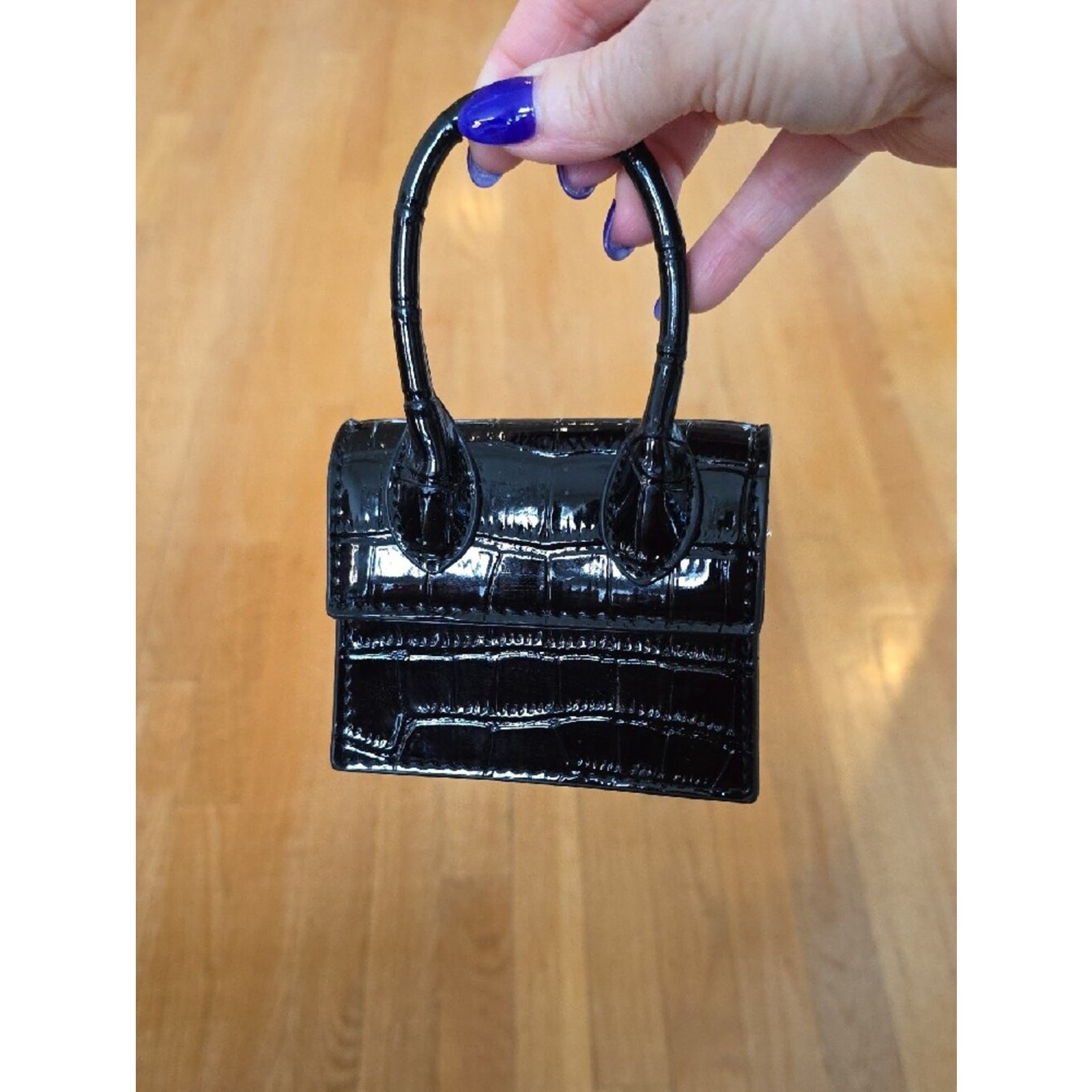 NWOT Black Croc-Embossed Patent Top-Handle Mini Bag