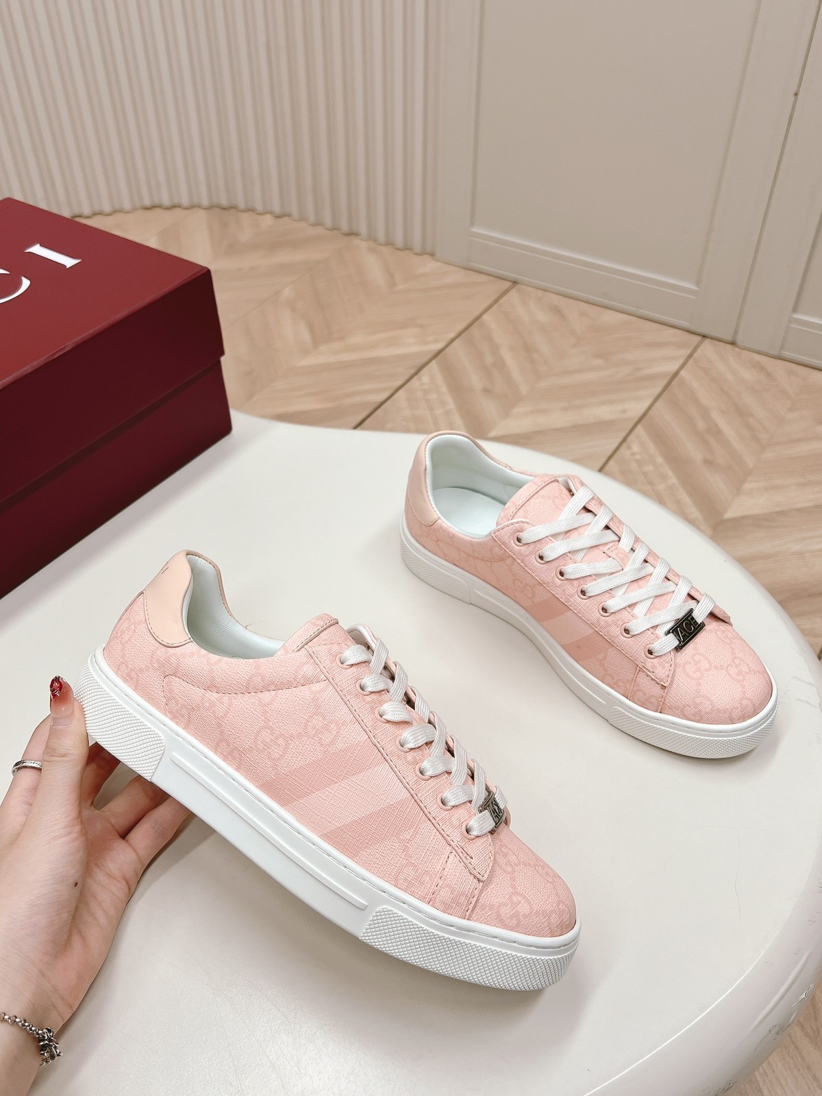 Gucci Ace Pink GG Supreme Canvas Sneakers Women White Web Stripe Low Top Shoes