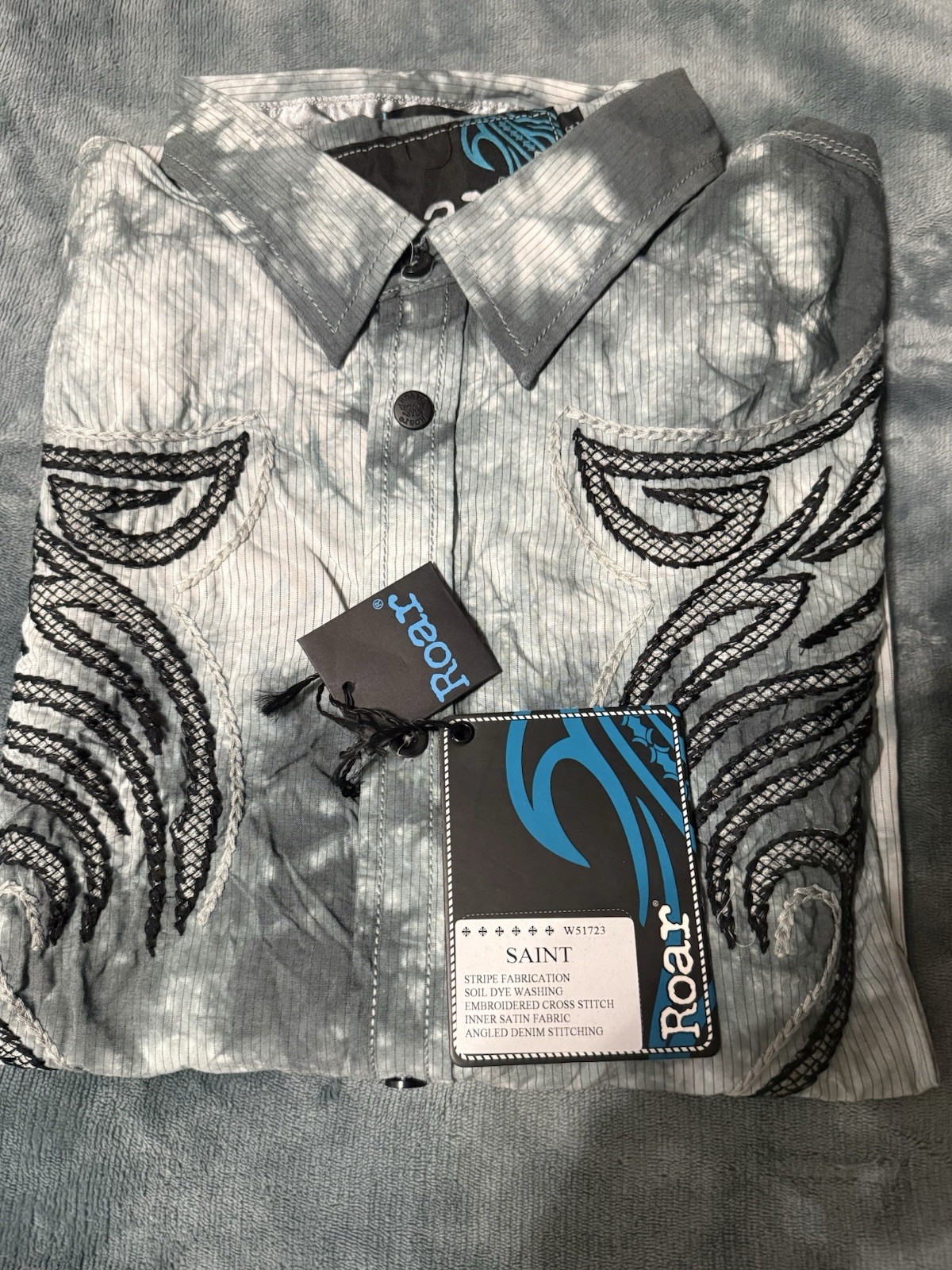 Roar Embroidered Button-Up Long Sleeve Shirt Y2K Xl Rock Star Cowboy Biker NOS