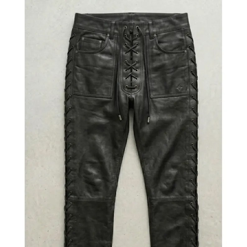 Men’s Genuine Leather Lace-Up Pants Black Western Biker Motorcycle Trousers