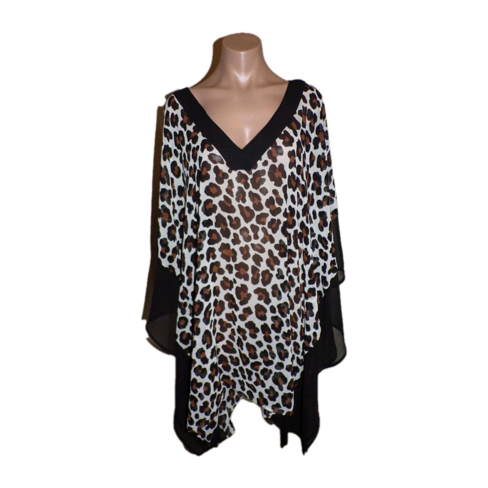 Michael Kors Sheer Black Brown Animal Print Tunic Top Size M/L Batwing Dolman