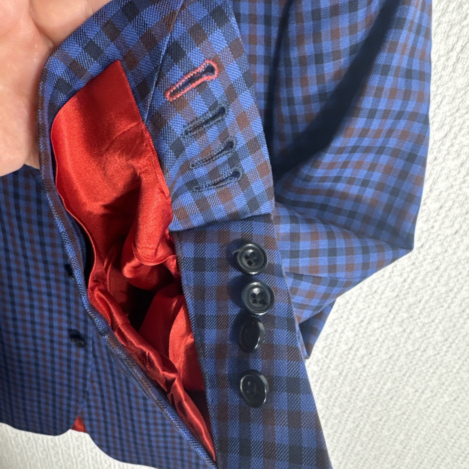 @Hole Tom James Corporate Image Bespoke 44S Slim Blue Gingham Shortened Arms