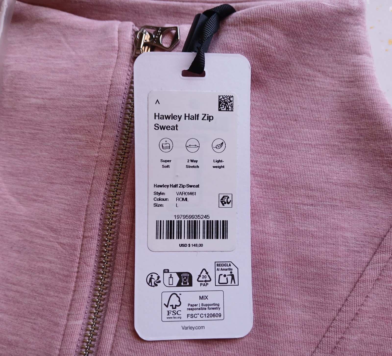 NWT Varley DoubleSoft Hawley Half-Zip Sweatshirt ROSE MARL Pullover Large