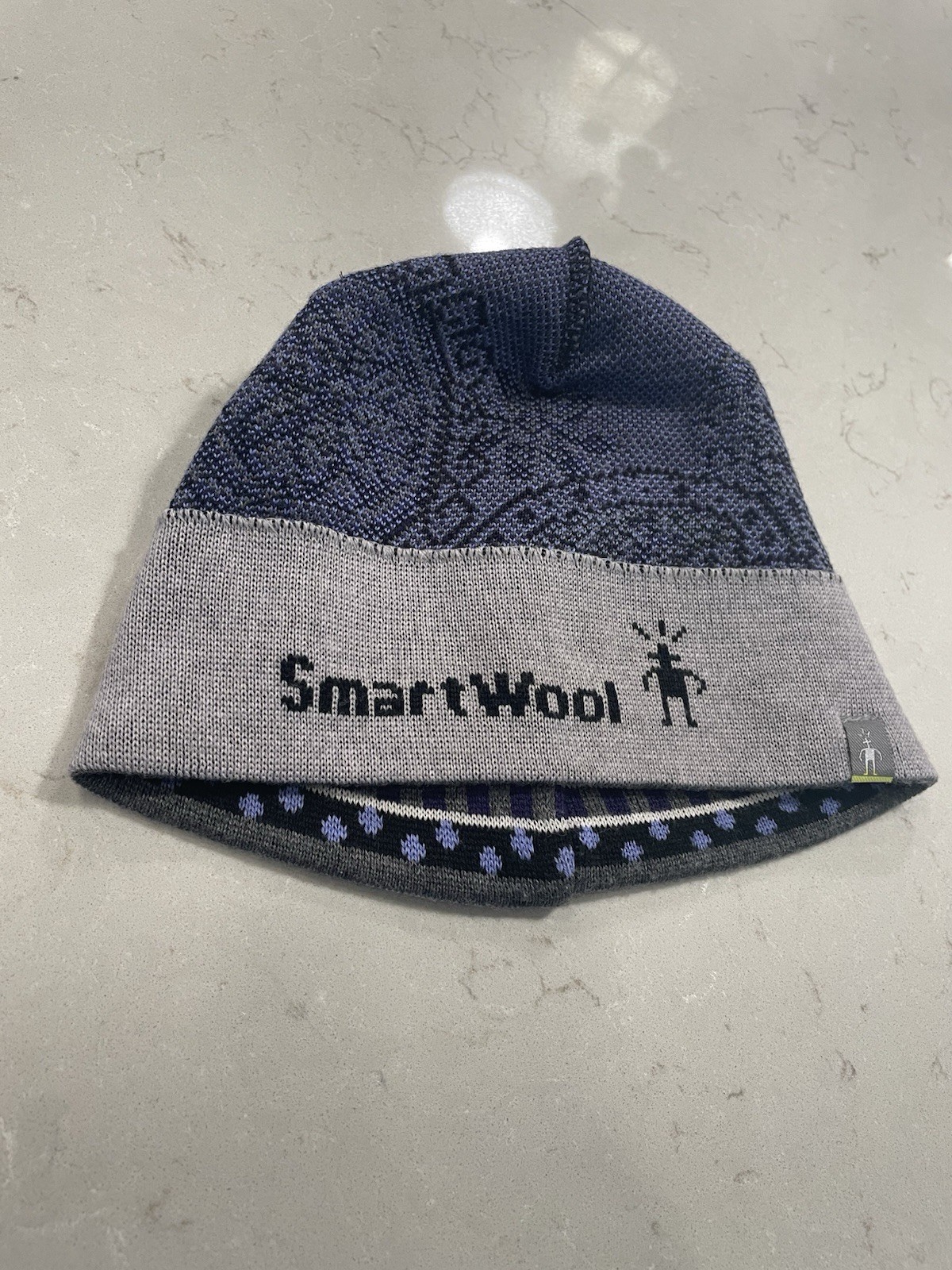 Smartwool Thermal Merino Reversible Beanie Blue Gray Geometric Pattern Wool Hat