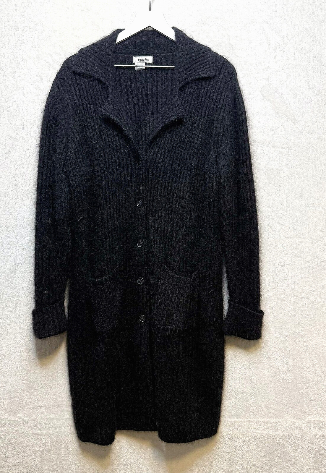 VTG 90s Angora Duster Cardigan Sweater Fuzzy Furry Whimsigoth Mob Wife Black L
