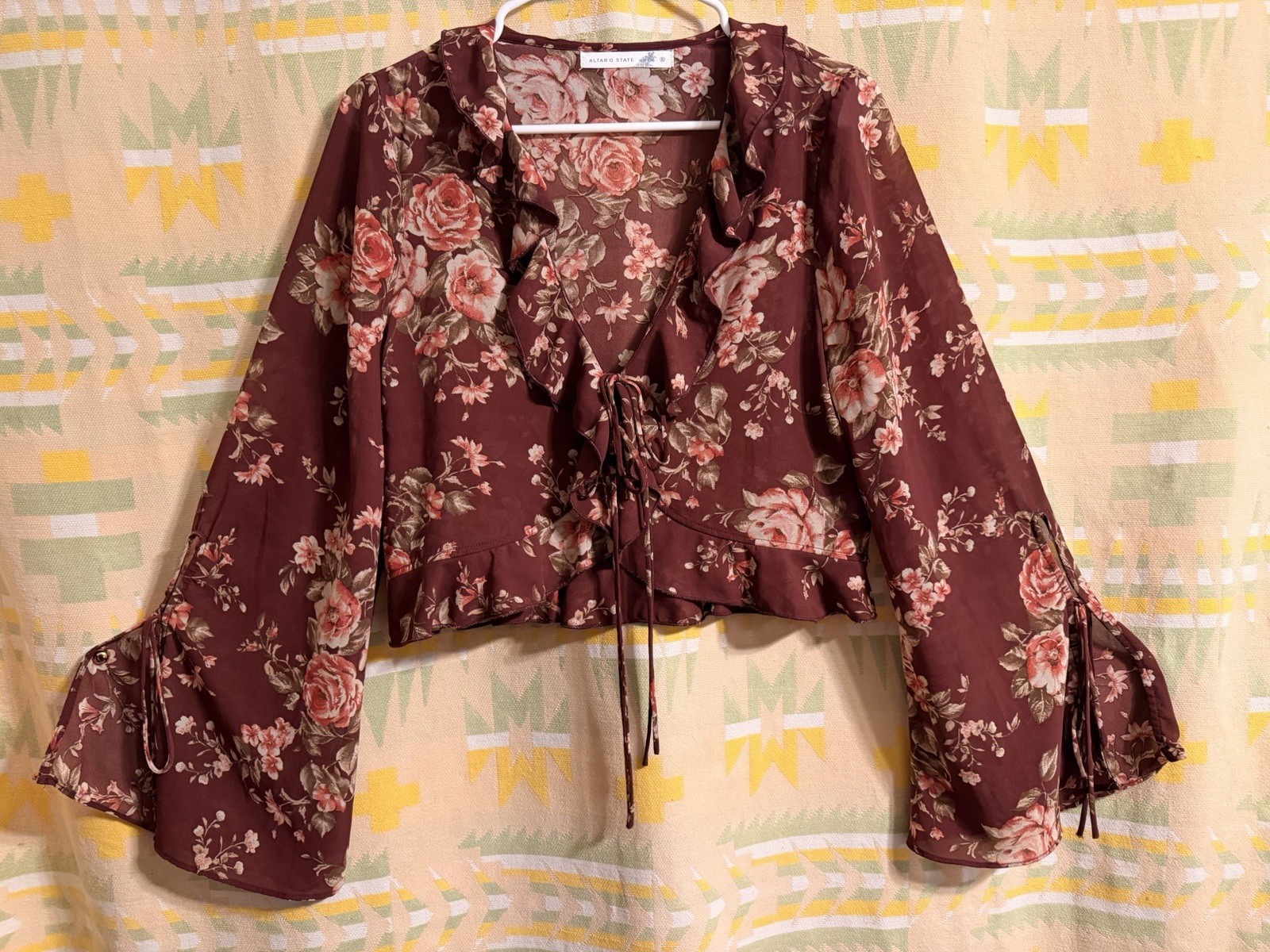 Altar’d State Burgundy Floral V-Neck Tie Ruffle Bell Long Sleeve Blouse S