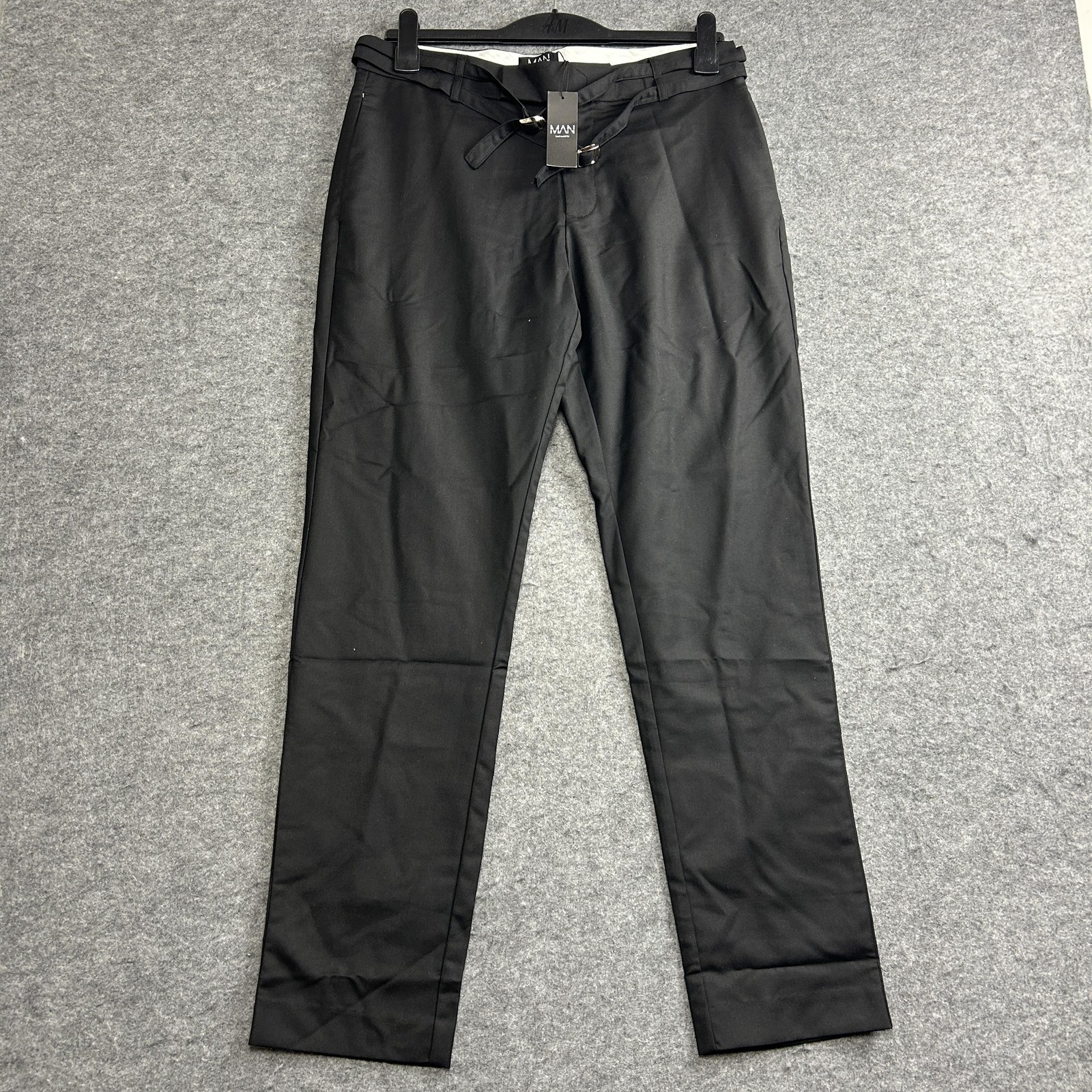 BoohooMAN Pants Mens 32 Black Relaxed Fit Double Belt Detail Trousers Casual