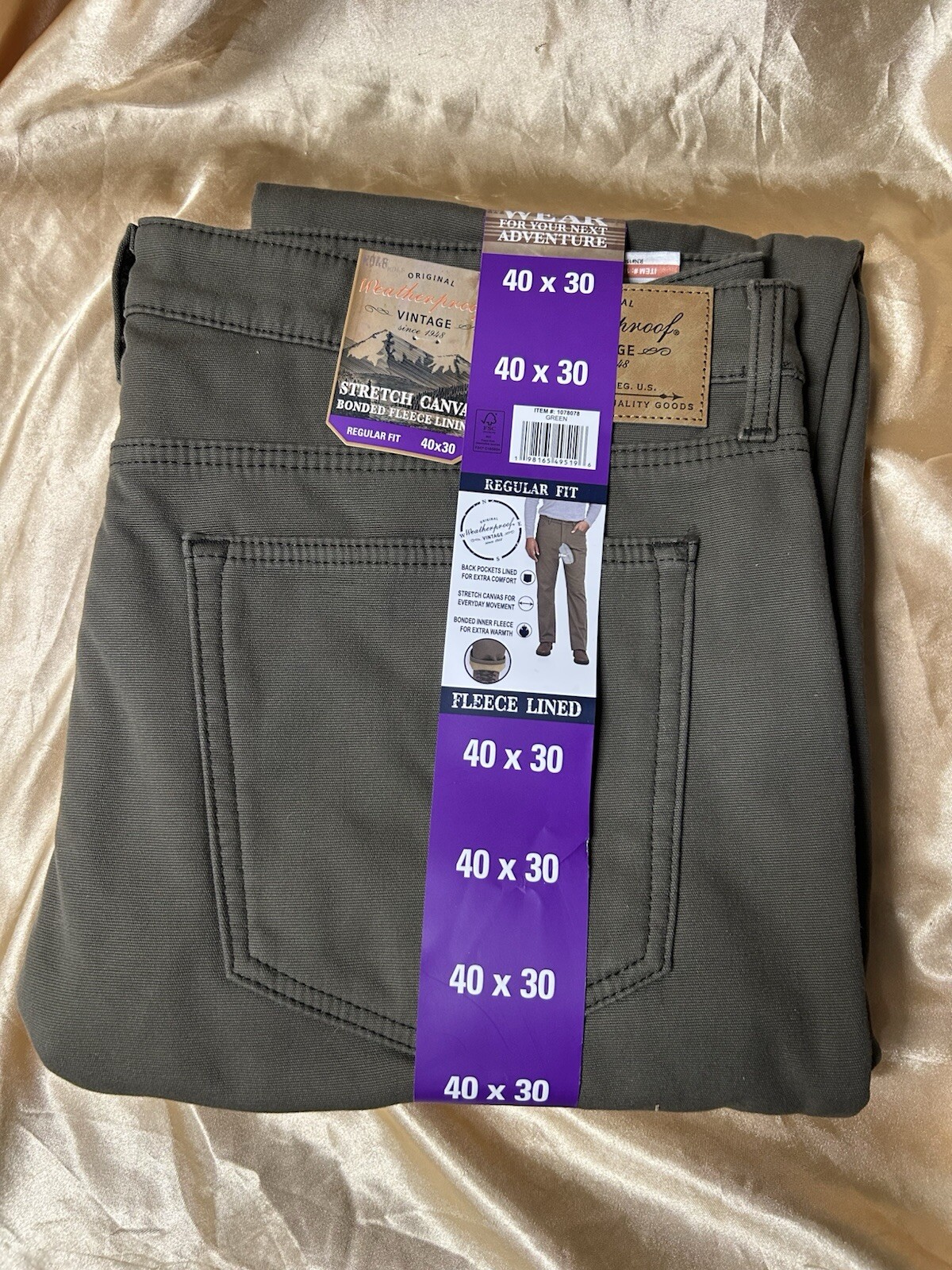 NEW! 40×30 Straight Fit Olive Fleece-Lined Stretch Canvas Pants Weatherproof