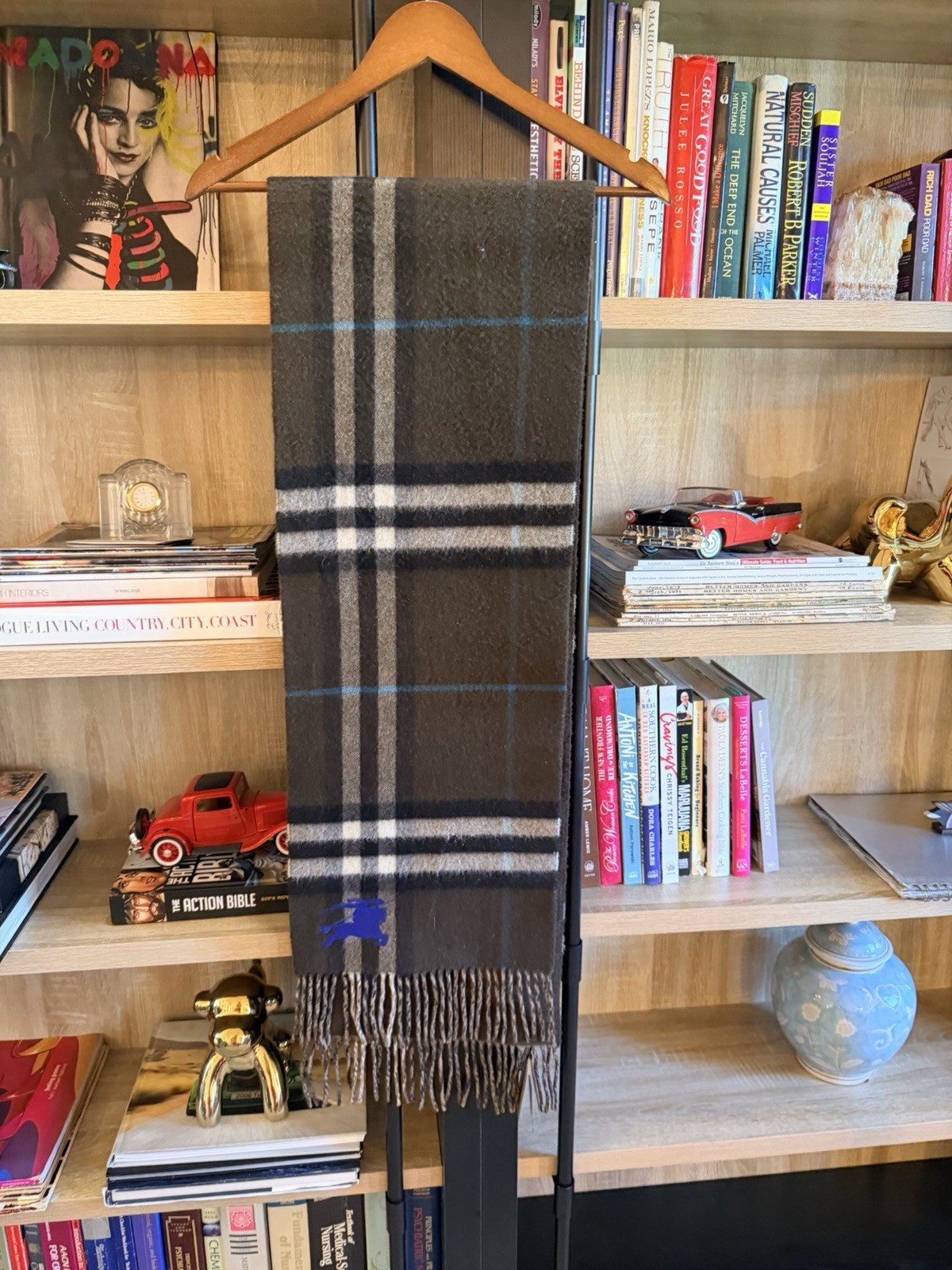 Burberry Cashmere Plaid Fringe Rectangle Scarf Gray Black Blue Women