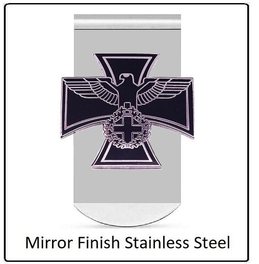 IRON CROSS Money Clip – black steel biker emblem – mirror stainless