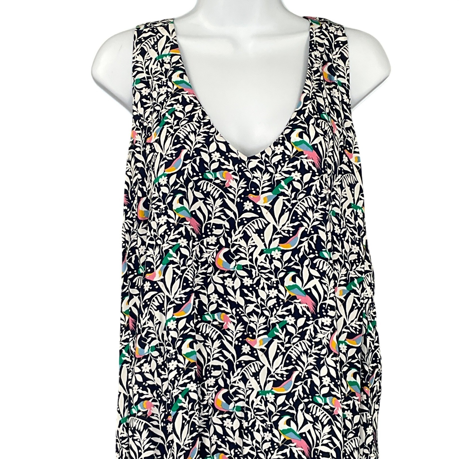 LOFT Floral Bird Print V Neck Sleeveless Midi Dress Sz XXL Casual Travel Beach