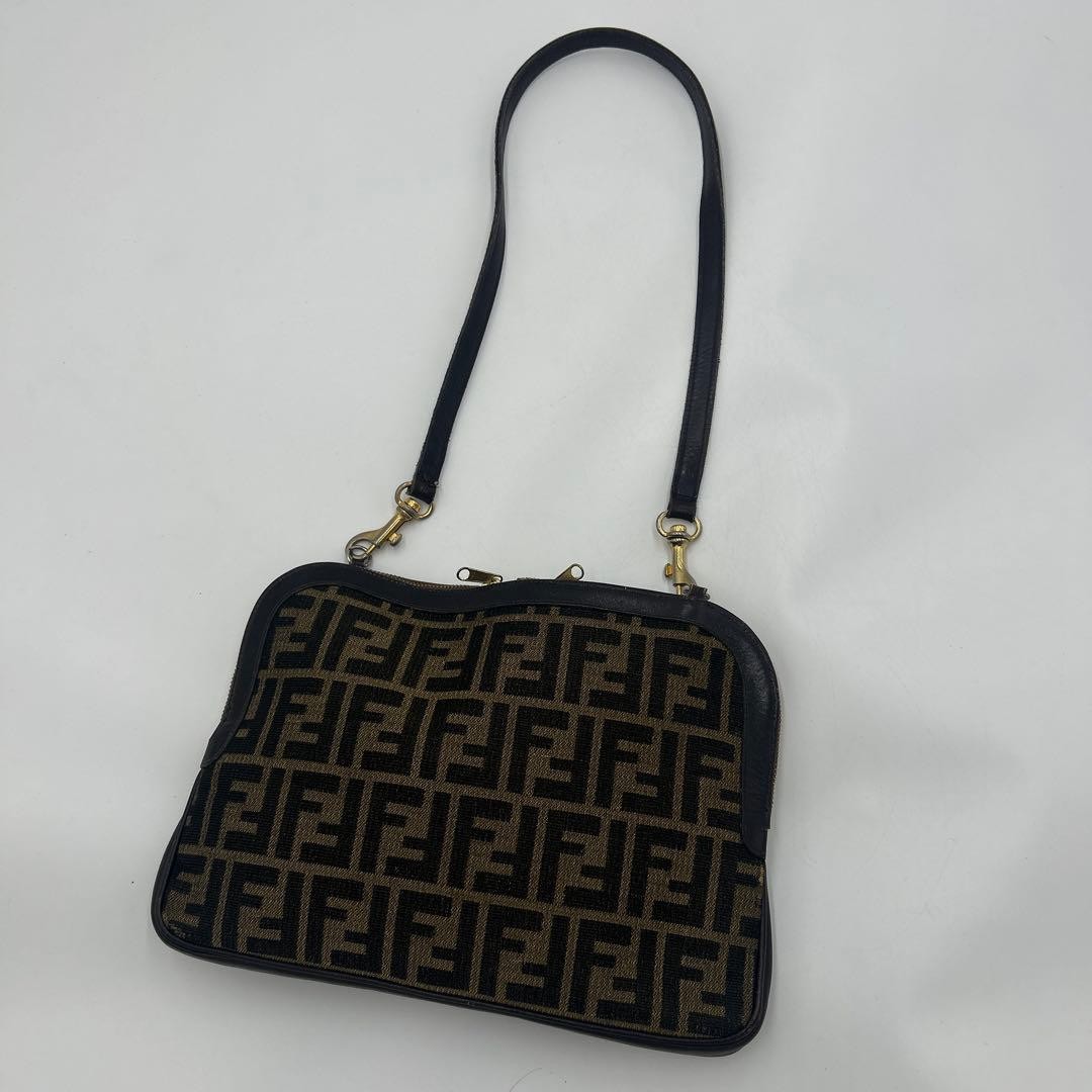 FENDI Zucca FF Shoulder Bag Ziplock Leather Canvas Brown Beige Gold #2702