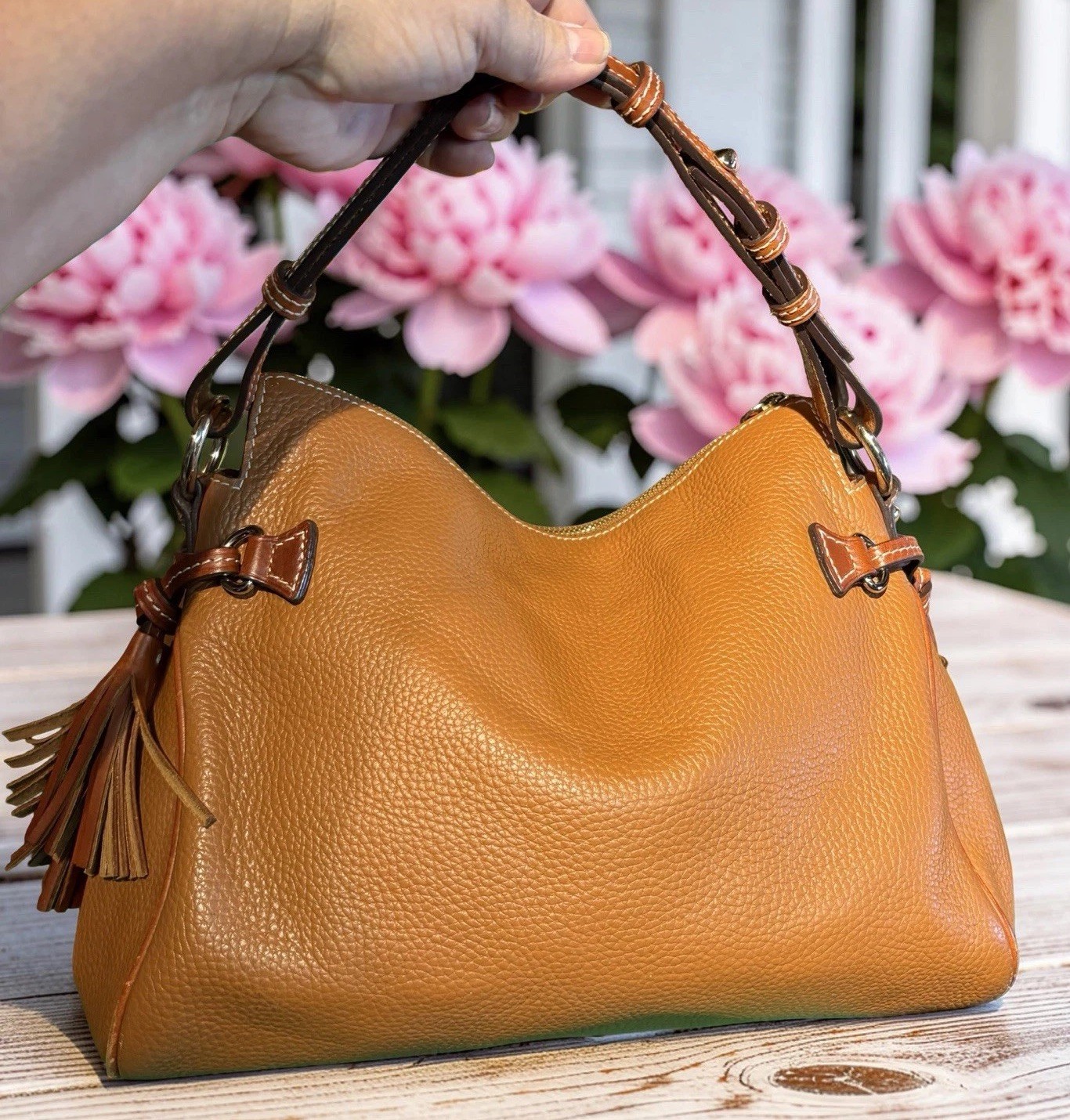 Dooney Bourke Caramel Brown Hobo Zip Shoulder Bag Pebbled Leather
