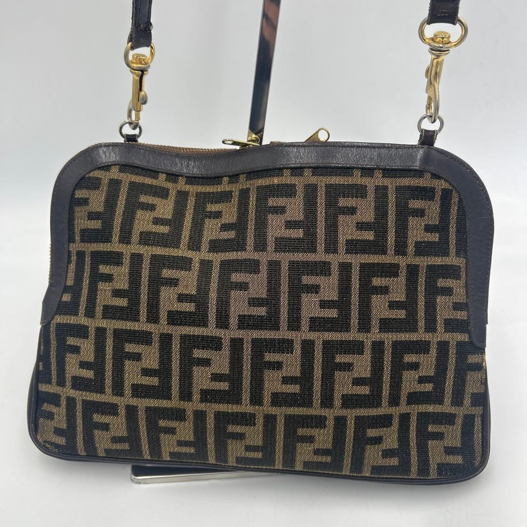 FENDI Zucca FF Shoulder Bag Ziplock Leather Canvas Brown Beige Gold #2702