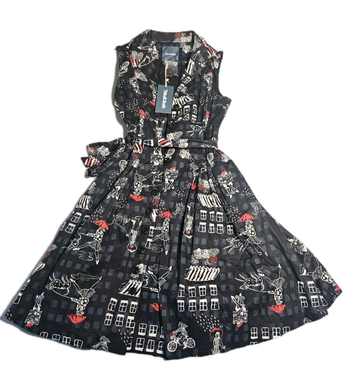 Modcloth Black Pinup Sleeveless Community Brunch Cotton Rockabilly Midi Sz L NWT