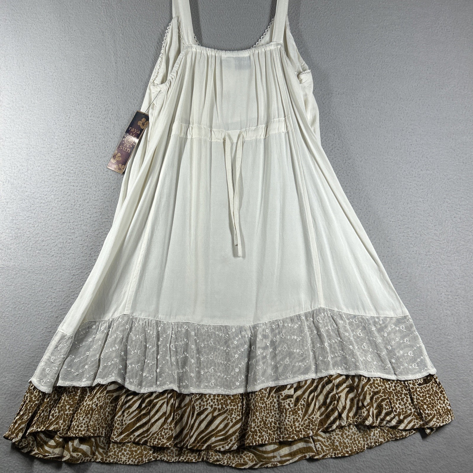 Raya Sun Women’s Size XL Boho Embroidered Sundress Lace Trim Hand Wash Beige 38”