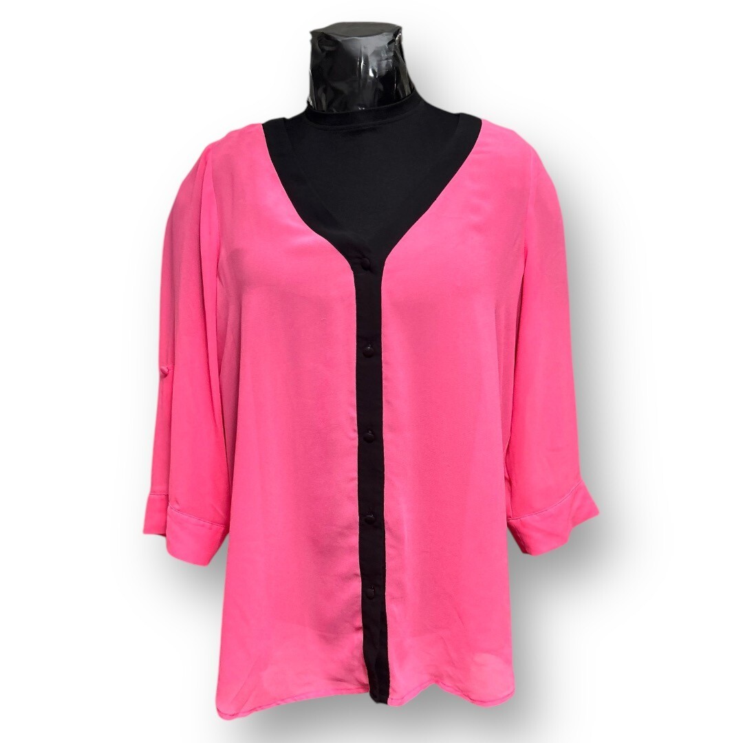 Torrid Pink Sheer Blouse Black Trim Button Front Back Slit Layering Y2K Boho 0X