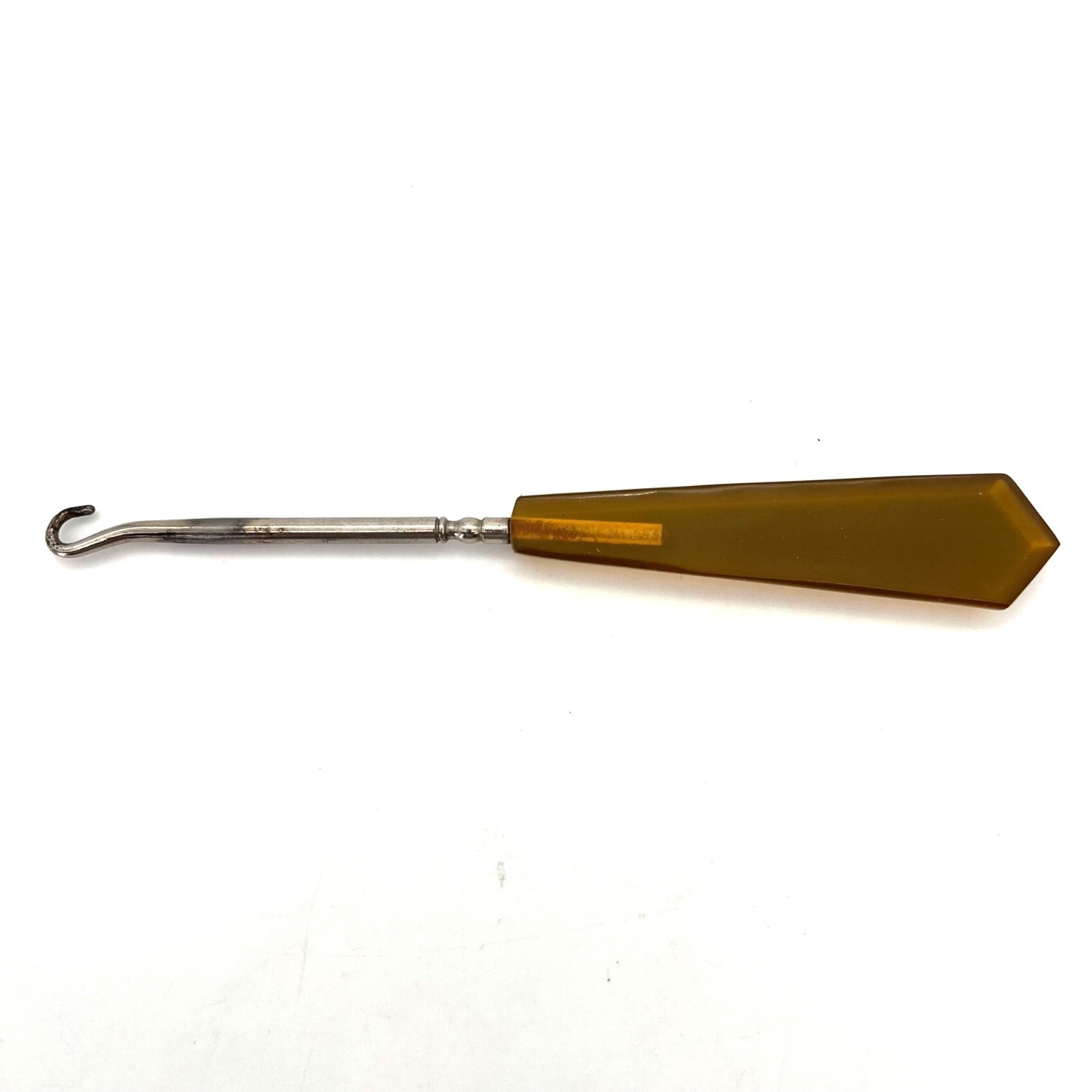 Vintage Victorian Era Bakelite Button Hook Tool Metal Shaft Pearl Green & Brown