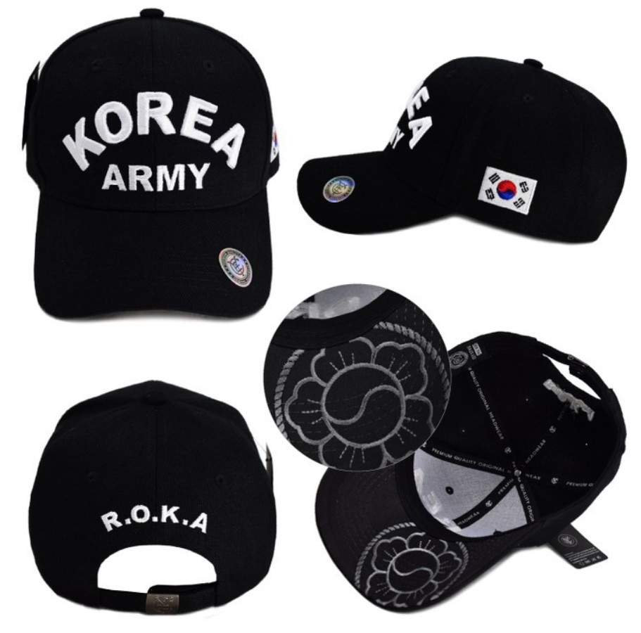 Korean Army Cap – “KOREA ARMY” Embroidered with R.O.K.A and Korean Flag (Black,
