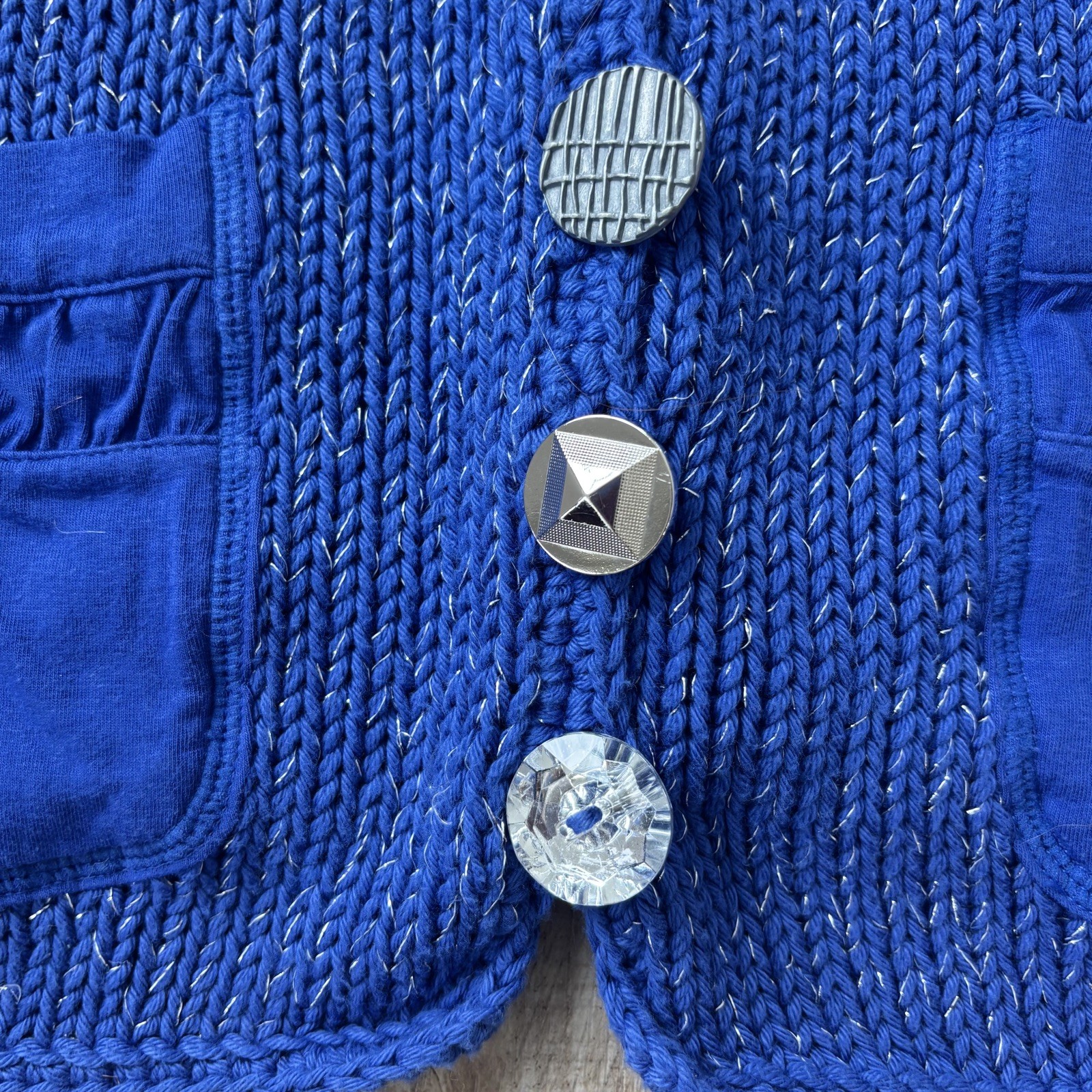 Brooch Button Handknit Womens Cotton Cardigan Size SP Blue Granny Cottagecore
