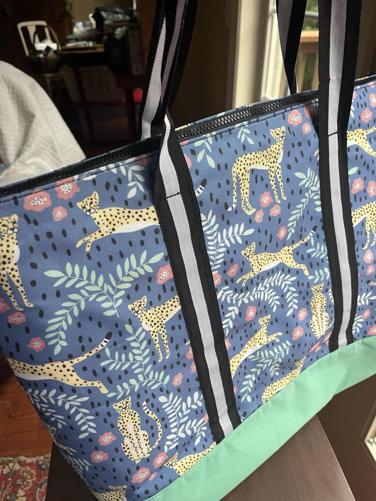Marley Lilly Large Zip-Top Tote Blue Cheetah Print Green, Detachable Strap